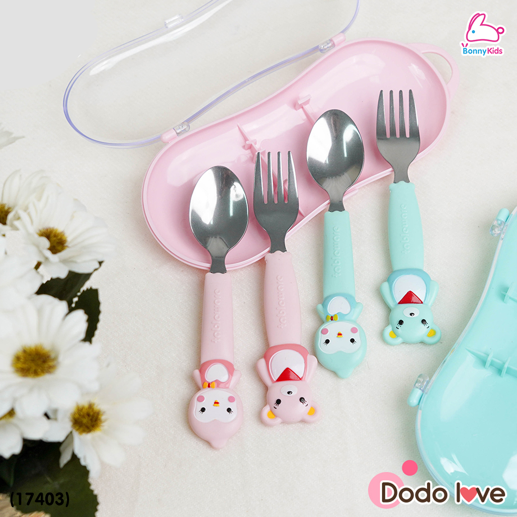 (17403) DODOLOVE (ดูดูเลิฟ) ชุดช้อนส้อมสำหรับเด็ก ชุดช้อนส้อมป้อนอาหารเด็ก พร้อมปลายช้อนตัวการ์ตูน