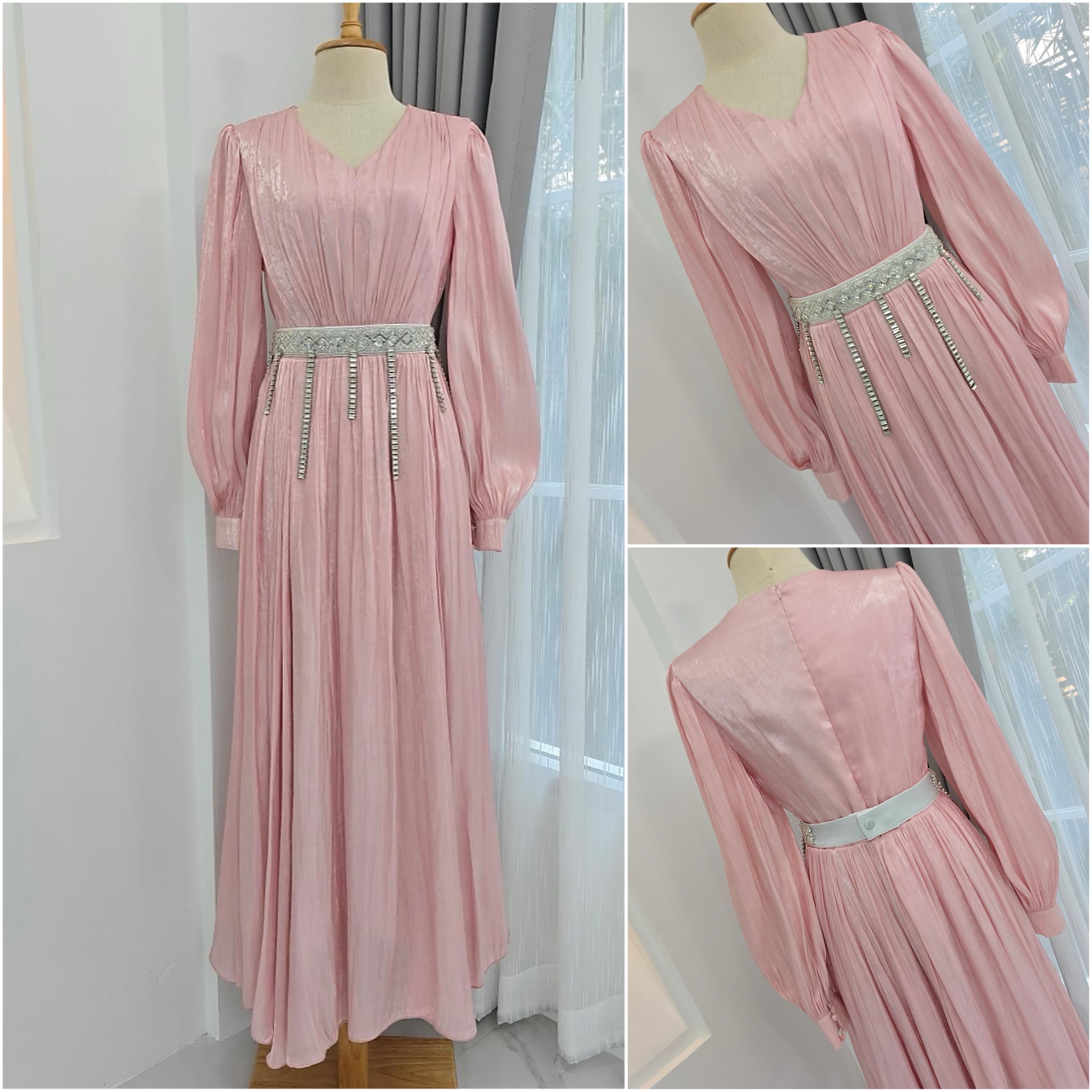 แม็กซี่เดรสเสื้อคอวีแขนยาว กระโปรงบาน ดีเทลตัวเสื้อเดรปแบบรูดใต้อกและกระโปรง ใส่สบาย : สินค้าคุณภาพ (พร้อมส่ง)