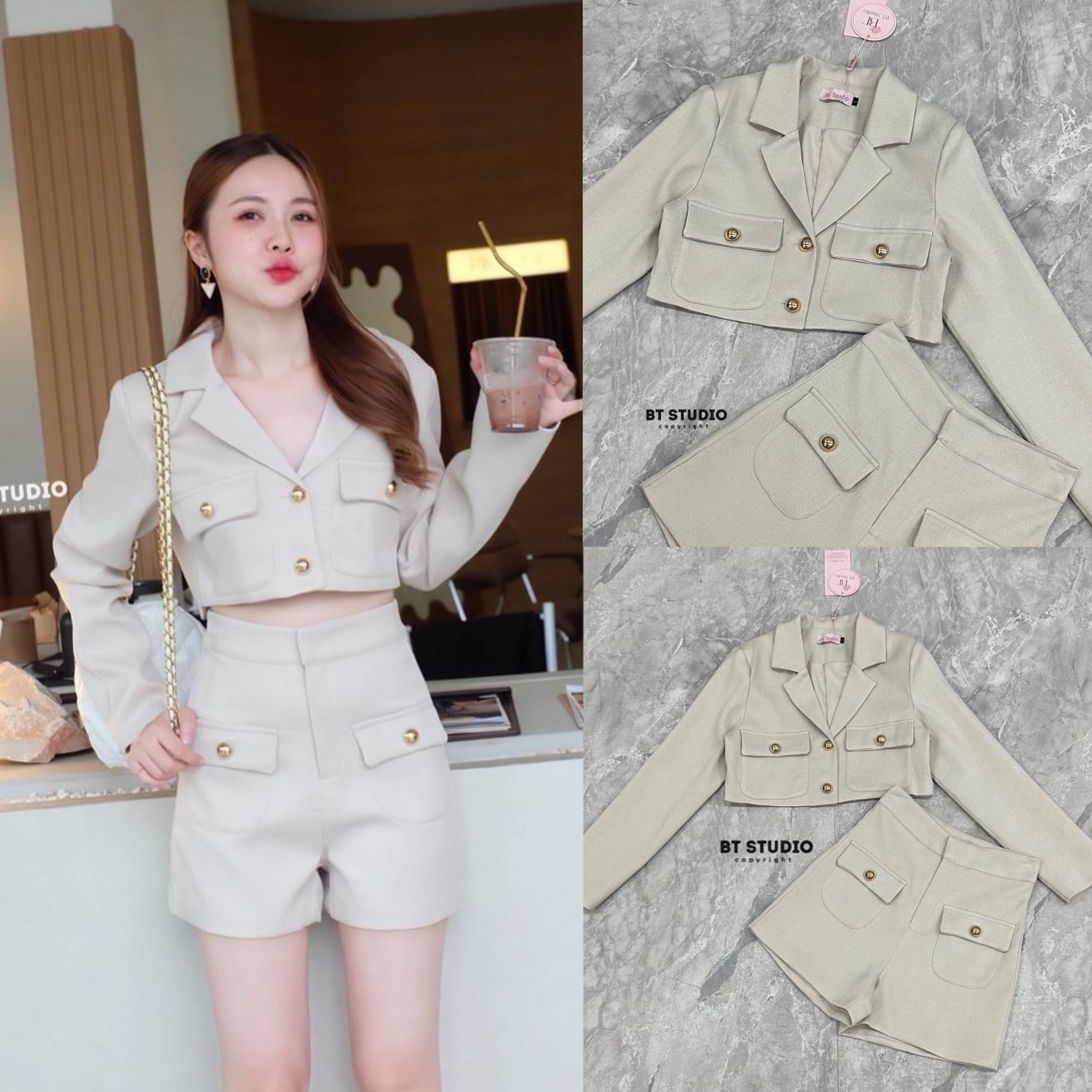 เซท 2 ชิ้น เสื้อครอปแขนยาวคอปกแต่งกระดุมหน้า แมทซ์กับกางเกงขาสั้น สินค้าคุณภาพ (พร้อมส่ง)