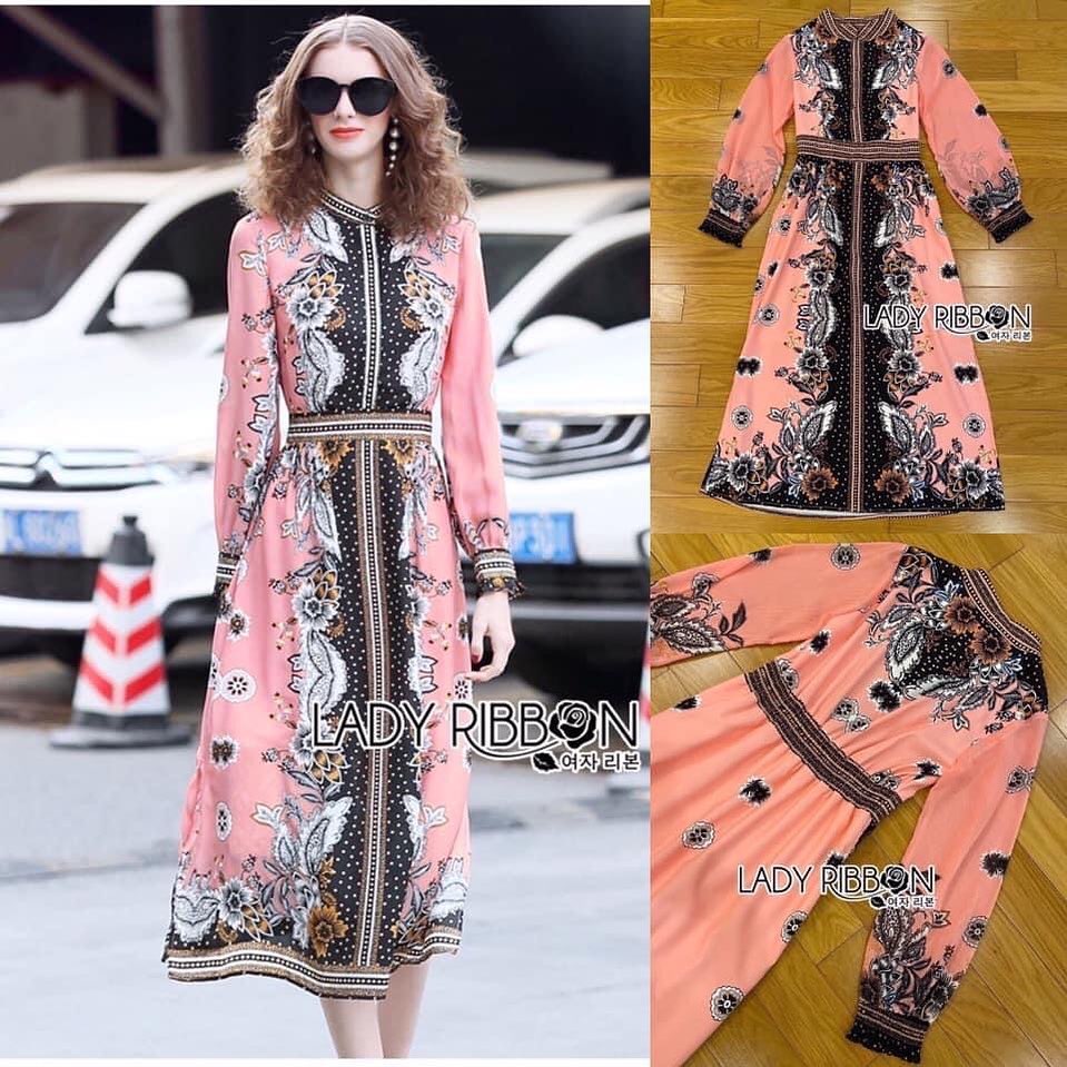 เดรสชิฟฟ่อนยาวสีชมพูพิมพ์ลายดอกไม้โทนสีขาวดำ ตัดกับสีชมพู ของตัวเดรสเพิ่มความสวยเด่น สินค้าคุณภาพ (พร้อมส่ง)