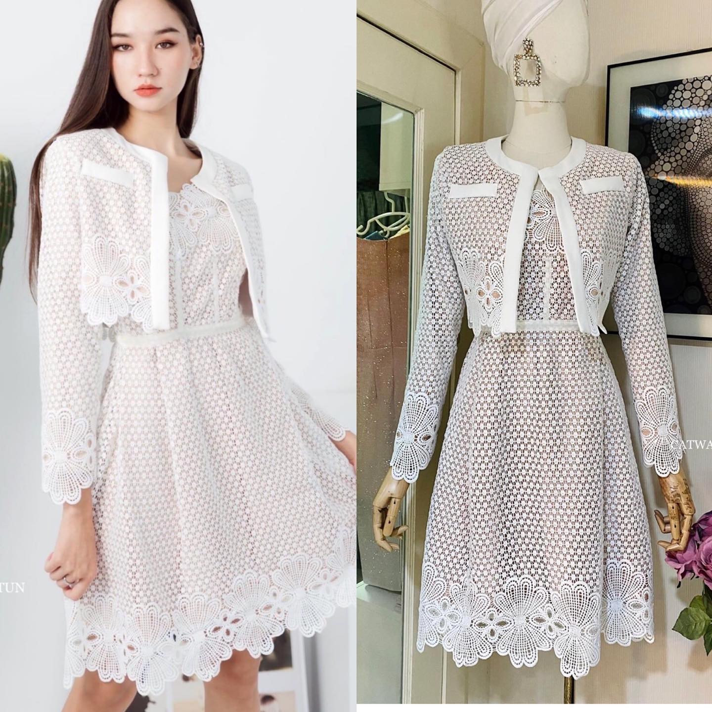 เซตเดรสลูกไม้+เสื้อคลุมผ้าลูกไม้ รุ่นนี้การันตีเลยเนื้อผ้าดีมาก ผ้าลูกไม้ทอลายเกรดเอ สินค้าคุณภาพ (พร้อมส่ง)