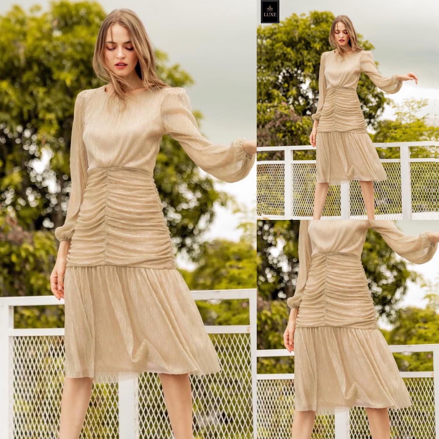 เดรสเสื้อคอกลมแขนยาว กระโปรงทรงเข้ารูปจับ เดรปตรงกลาง ต่อชายระบาย อัดพลีทผสมดิ้นเมทัลลิค ผ้านุ่มยืดหยุ่น มีประกาย เล่นแสงสวยมาก มีซิปซ่อนและซับในเต็มตัวค่ะสินค้าคุณภาพ (พร้อมส่ง)