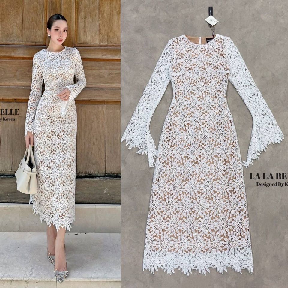 เดรสลูกไม้คอกลมแขนยาวซีทูปลายแขนระบายอกเอวเข้ารูปกระโปรงทรงเอยาวมีซับในสีเนื้อถึงปลายกระโปรงตัดเย็บด้วยผ้าลูกไม้ลายดอกไม้แน่น ใส่สบาย : สินค้าคุณภาพ (พร้อมส่ง)