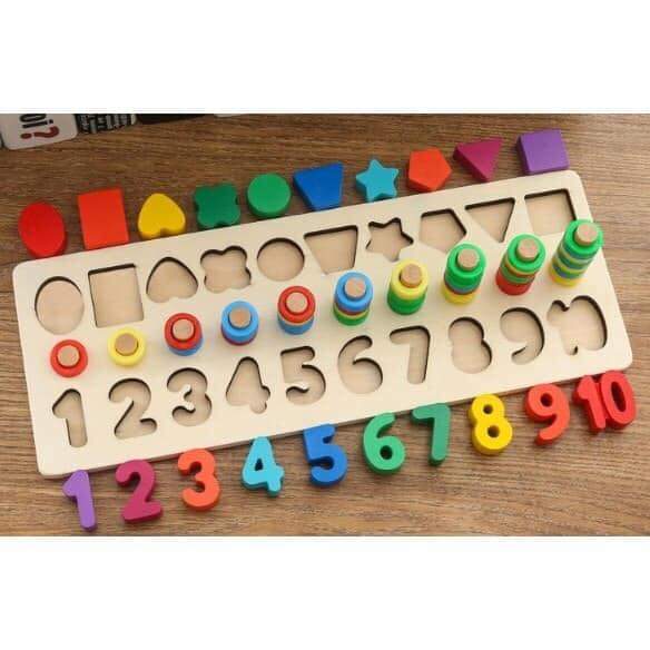 ของเล่นไม้เสริมทักษะทางคณิตศาสตร์ ของเล่นหัดนับเลข บวกลบเลข จับคู่ ร้อยเชือก5in1