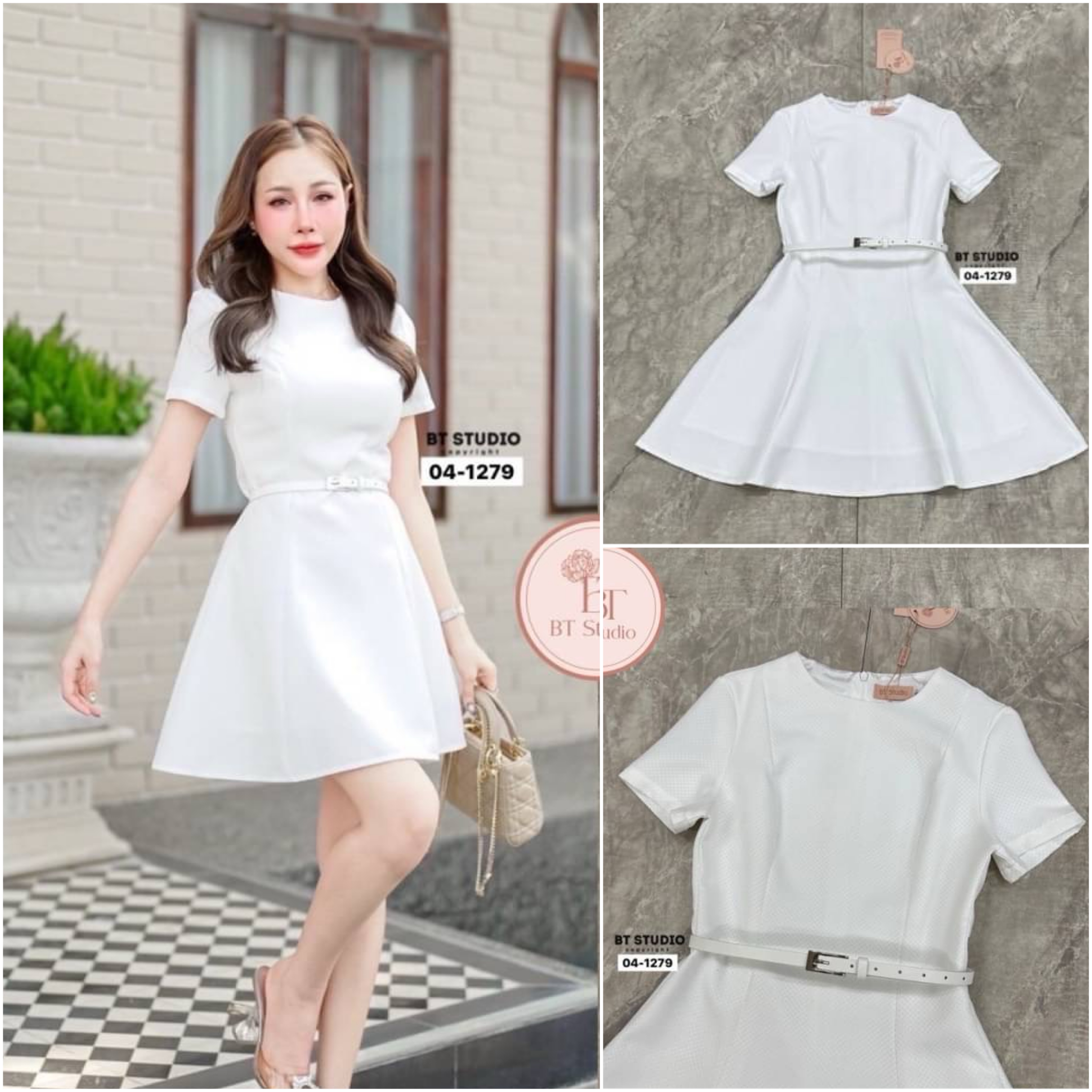 เดรสสั้นแขนสั้นคอกลม กระโปรงบานออก มาพร้อมเข็มขัดเส้นเล็กสีขาว งานเนื้อผ้าสวยมากมีลายในตัว มีซับในจ้า ใส่สบาย : สินค้าคุณภาพ (พร้อมส่ง)
