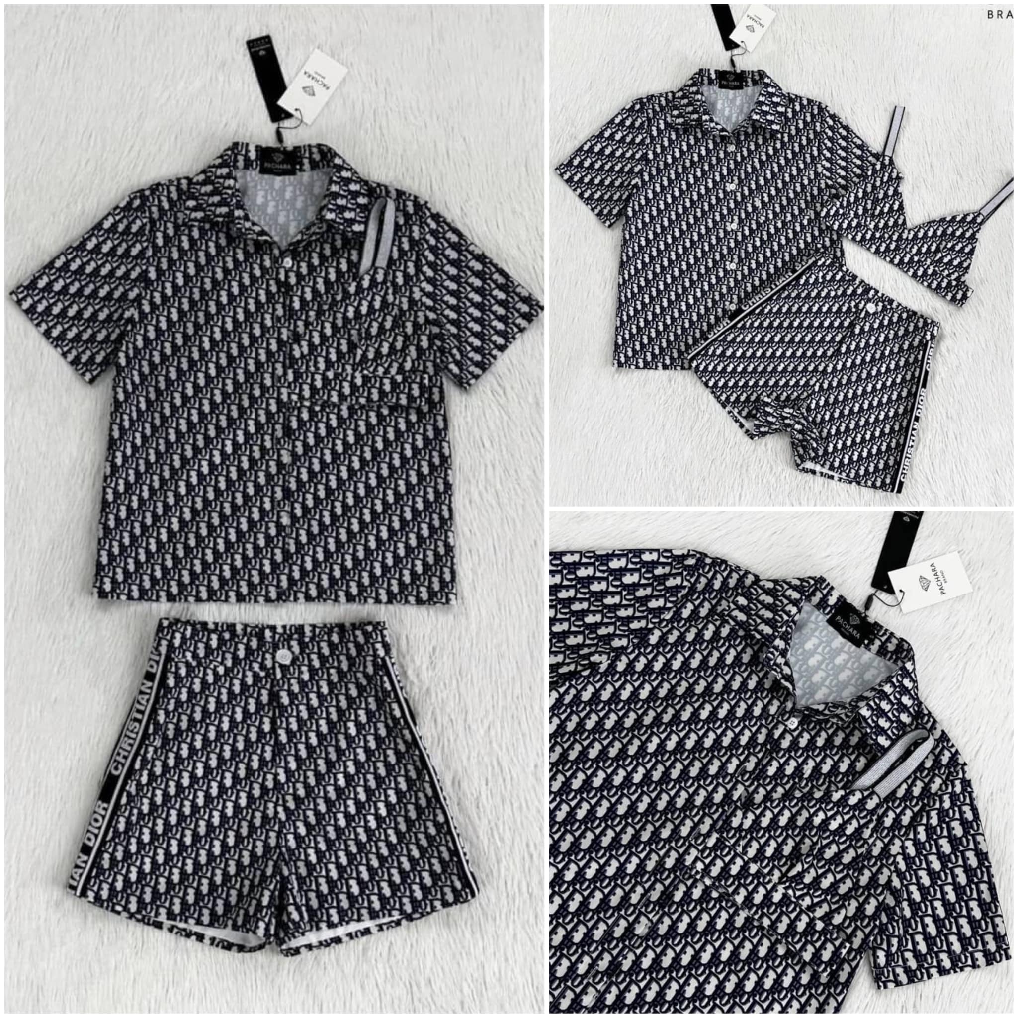 เซ็ต 3 ชิ้น เสื้อคอปกแขนสั้นสีกรม พิมพ์ลายแบรนด์ดัง มาพร้อมบราลายเข้าชุด แมทช์คู่กับกางเกงขาสั้น เอวสูง มีซับในอย่างดี สินค้าคุณภาพ (พร้อมส่ง)