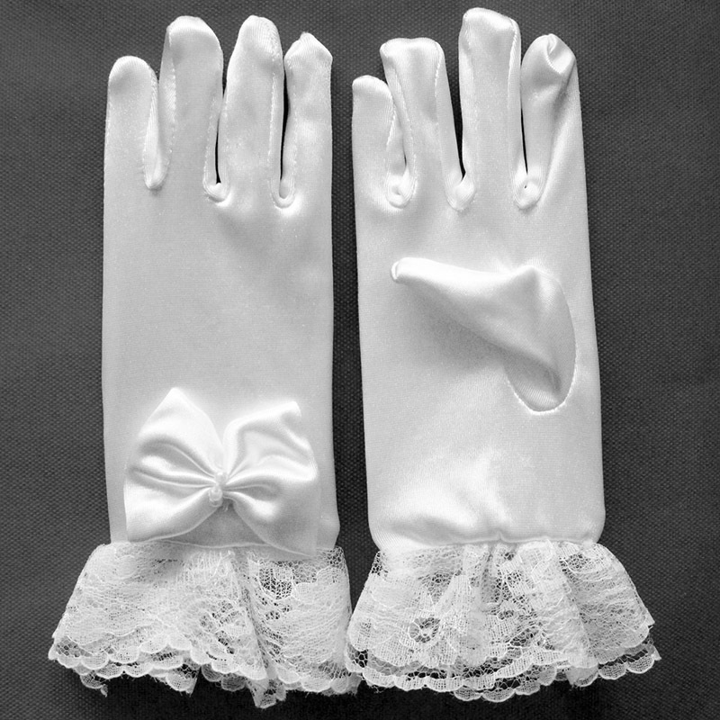 NanaBaby ถุงมือเด็กสีขาวลูกไม้ออกงาน ถุงมือดรัมเมเยอร์ สำหรับเด็กวัย 4-8 ปี / 8-12 ปี ผ้าสแปนเด็กซ์ยืดเนื้อซาติน นิ่มลื่นเงางาม