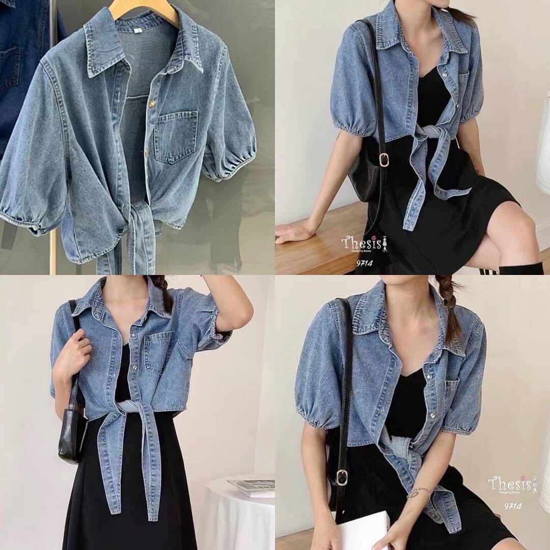 เสื้อเชิ้ตยีนส์คลุมแขนสั้น ทรงแขนพองสวย ชายเสื้อหน้าต่อยาวผูกหน้าเก๋ๆ ผ้ายีนส์ฟอก อย่างดี ใส่เดี่ยวๆได้เลย : สินค้าคุณภาพ (พร้อมส่ง)