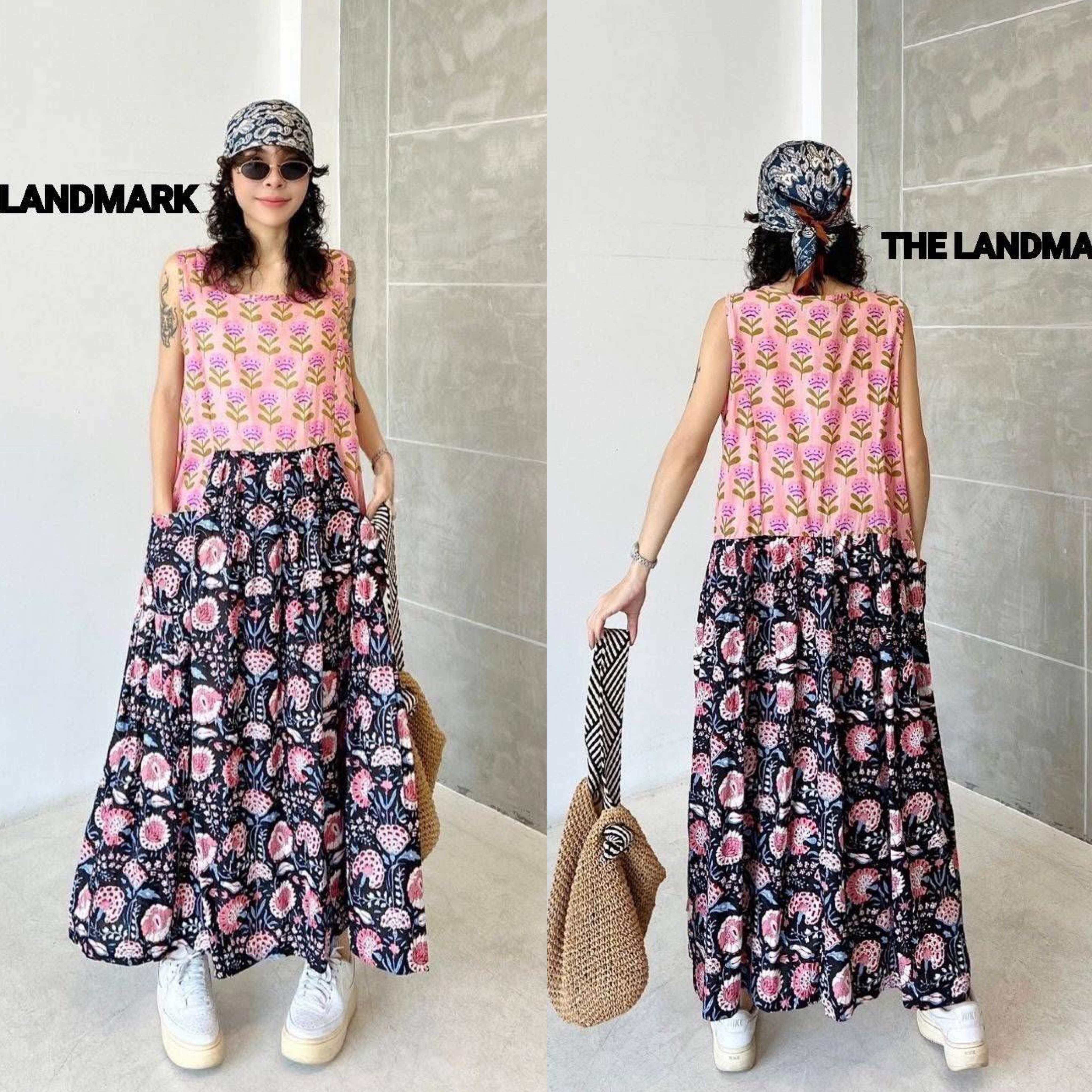 เดรสผ้าบล็อคคอทตอลอินเดีย ดีไซน์แขนกุดต่อลาย+ระบาย ใส่สบาย : สินค้าคุณภาพ (พร้อมส่ง)