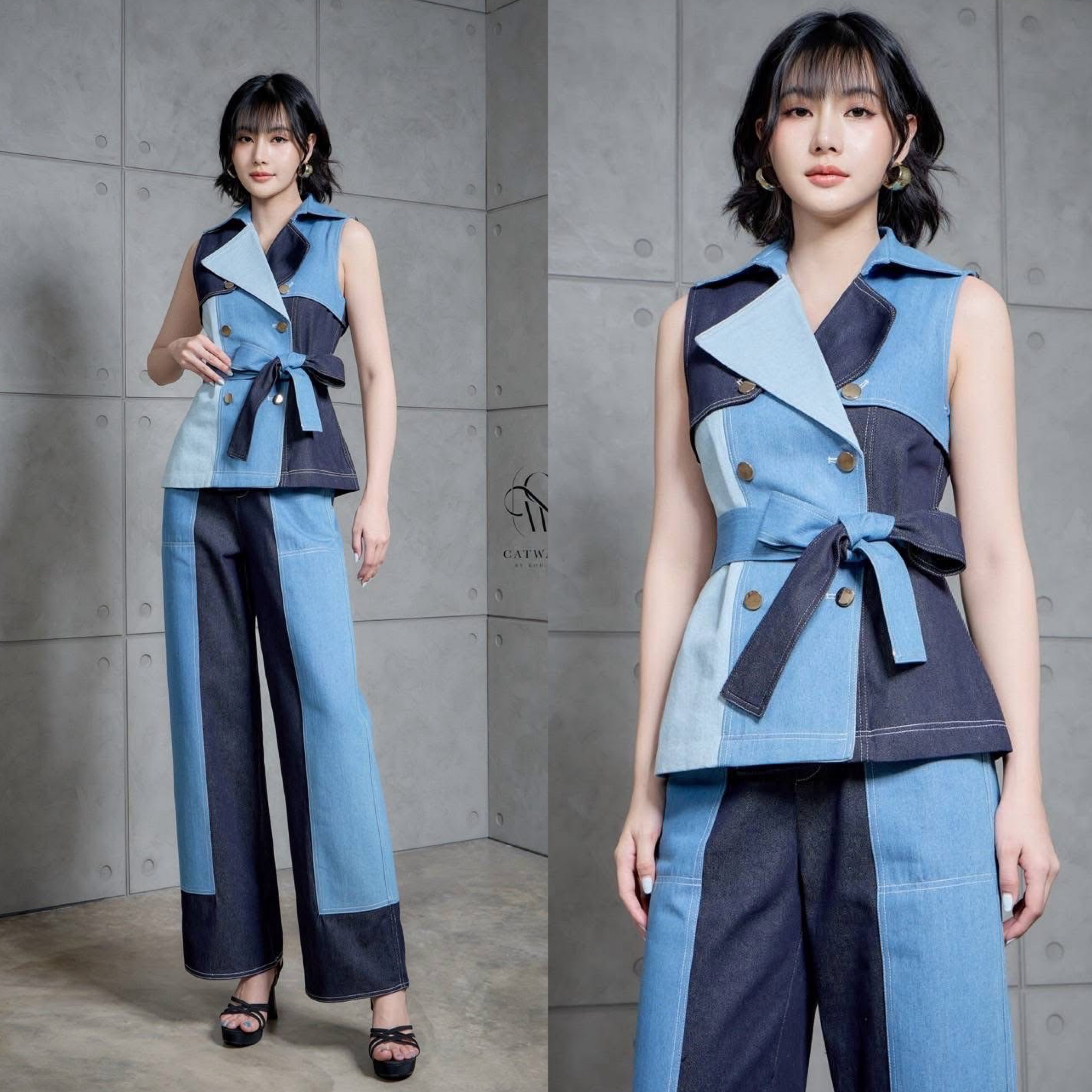ชุดเซตยีนส์ 3 สี เนื้อผ้ายีนส์เกรดเอ ตัวเสื้อเป็นทรงกึ่งเข้ารูป ปกเทเล่อร์ แขนกุด มีเชือกผ้ายีนส์ช่วยผูกให้ดูเข้ารูปเป็นทรงมากขึ้น มาคู่กับกางเกงทรงขากระบอกเอวสูง ใส่สบาย : สินค้าคุณภาพ (พร้อมส่ง)