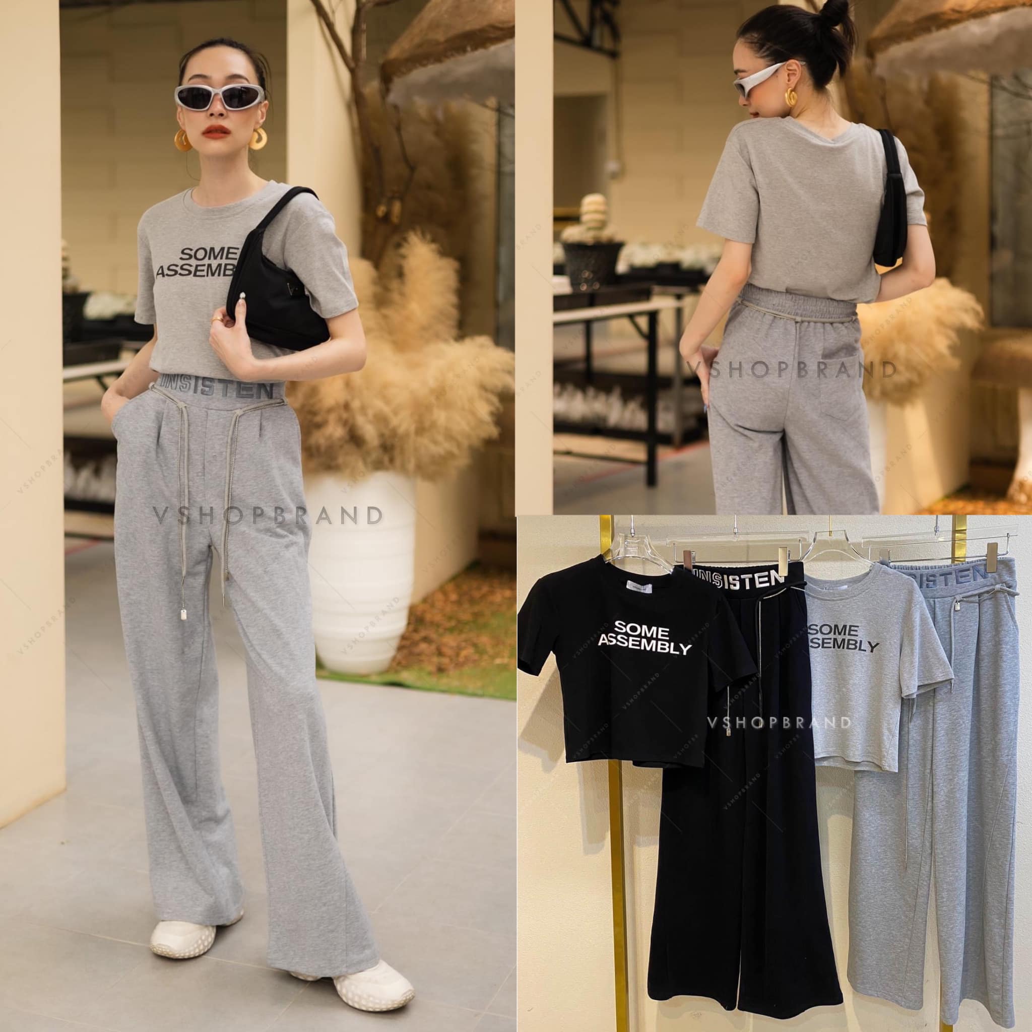 Set เสื้อครอปสกรีนหน้า + กางเกงขายาว ปักเอว + เข็มขัดโซ่ สินค้าคุณภาพ (พร้อมส่ง)