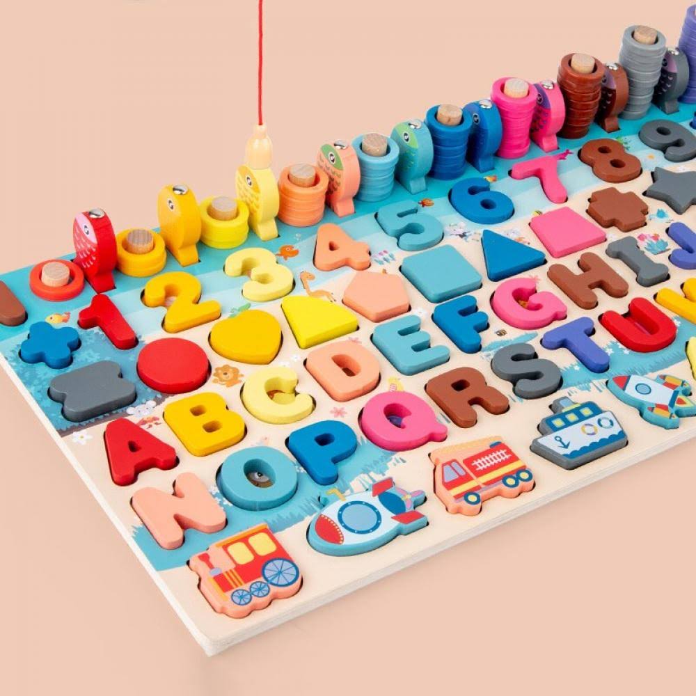 ของเล่นไม้ กระดานจับคู่ 7in1 ตัวเลข ตัวอักษร ยานพาหนะ สวมหลักนับเลข