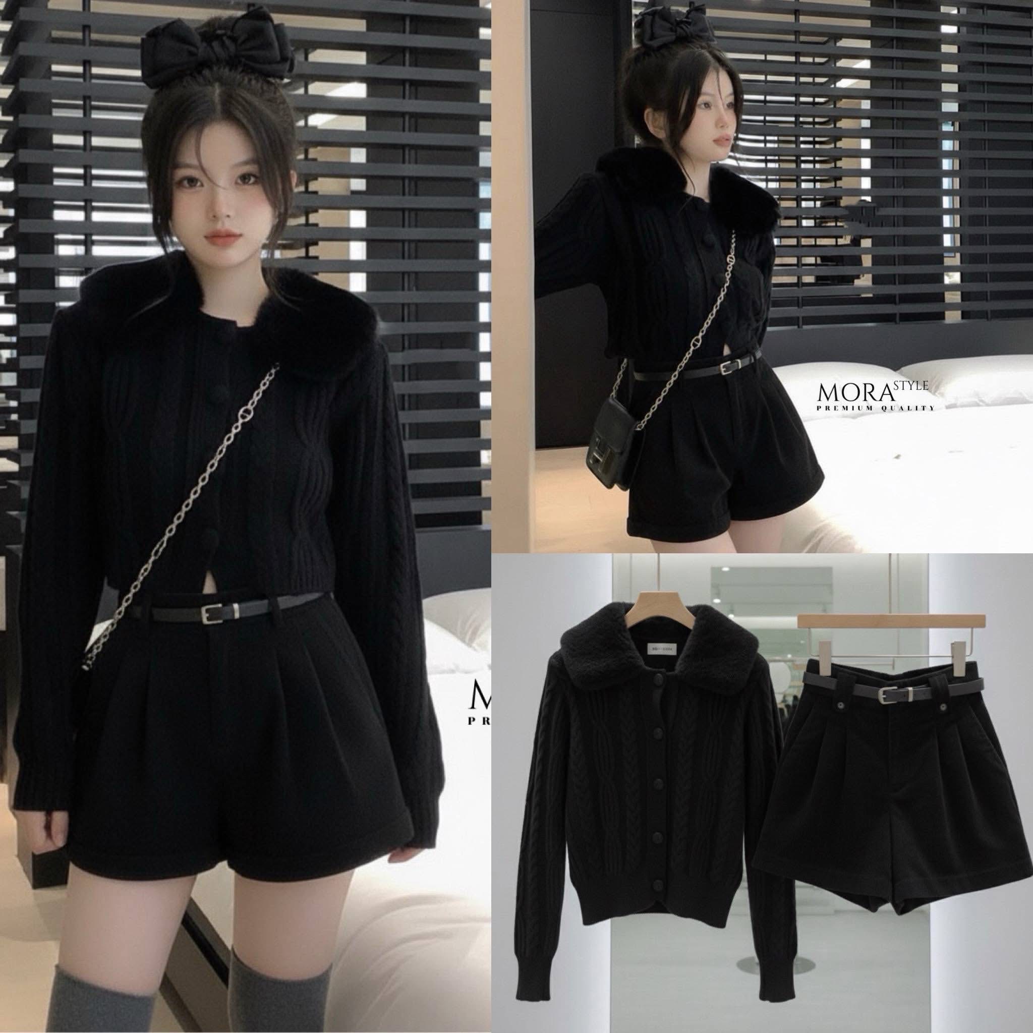 เซ็ต 2 ชิ้น เสื้อคาดิแกนไหมพรมแขนยาวทอลายถัก แต่งเฟอร์ขนที่คอน่ารักมากกกกก ขนเฟอร์ถอดได้ มาพร้อมกับ กางเกงลูกฟูกขาสั้นมีเข็มขัด ใส่สบาย : สินค้าคุณภาพ (พร้อมส่ง)