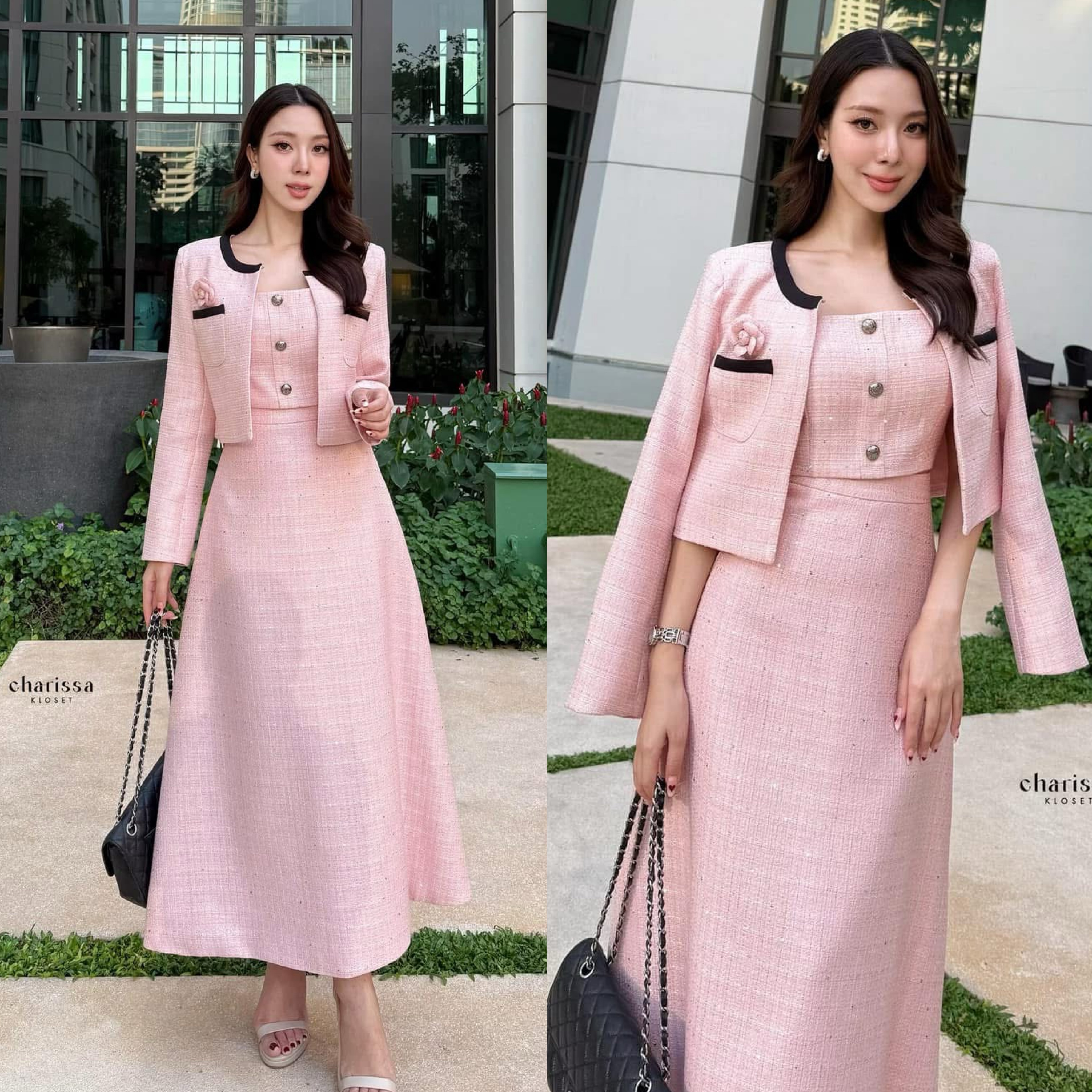 Set 4 ชิ้น เสื้อคลุม+ เสื้อครอปสั้น+ กระโปรงยาวเอวสูง +เข็มกลัดดอกไม้ ใส่สบาย : สินค้าคุณภาพ (พร้อมส่ง)