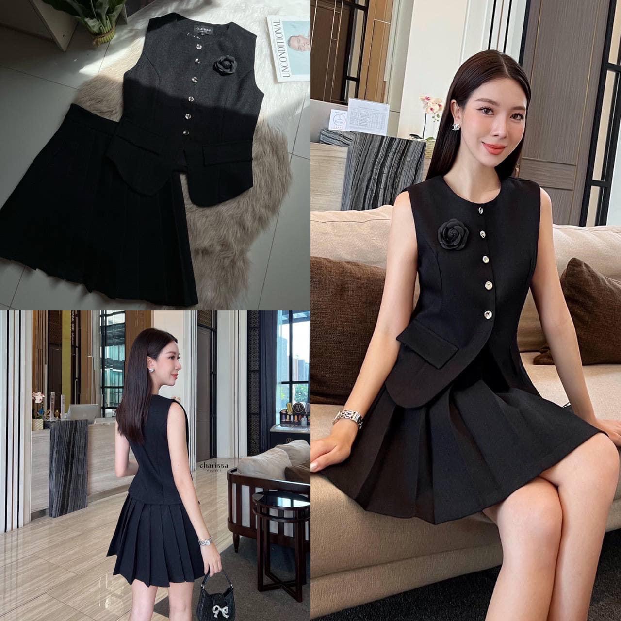 set เสื้อแขนกุด แต่งกระดุมจริงด้าน หน้า ออกแบบให้เข้ารูปสวย มาพร้อมกับกระโปรง แต่งจีบ : สินค้าคุณภาพ (พร้อมส่ง)