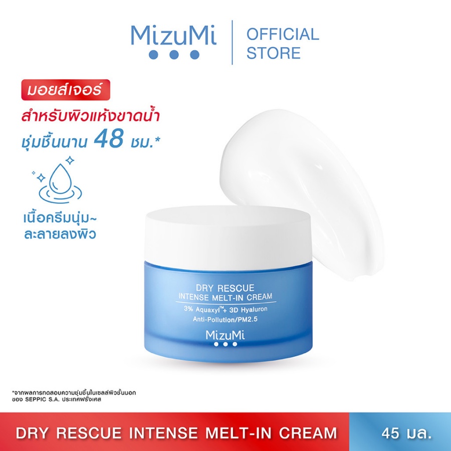 เนื้อสัมผัสครีม MizuMi Dry Rescue นุ่มละมุน ละลายลงผิว ไม่ทิ้งความมัน
