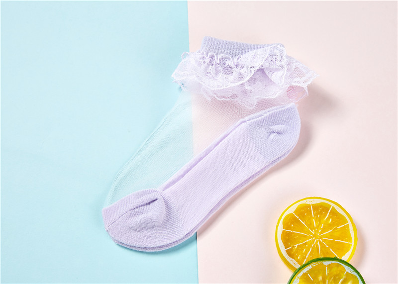 ถุงเท้าระบายลูกไม้เด็กหญิงข้อสั้น มีขนาดวัย 1-12 ขวบ สีขาว/ชมพู/ม่วง