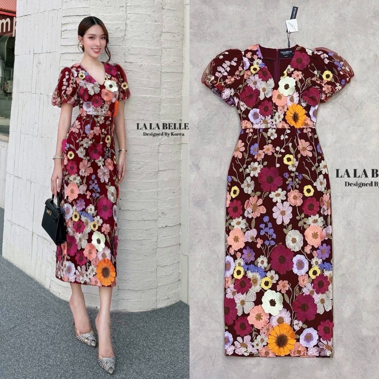 เดรสคอวีแขนตุ๊กตาเอวเข้ารูปกระโปรงยาวทรงสอบมีซับใน ใส่สบาย : สินค้าคุณภาพ (พร้อมส่ง)