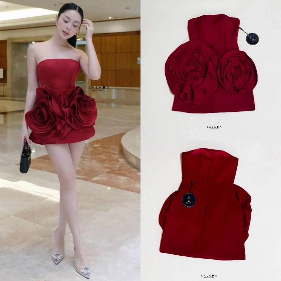 เดรส เกาะอกสีแดงสวยหรู ปักดอกไม้อย่างดี อกเสริมฟองน้ำ งานซิปหลัง ใส่สบาย : สินค้าคุณภาพ (พร้อมส่ง)