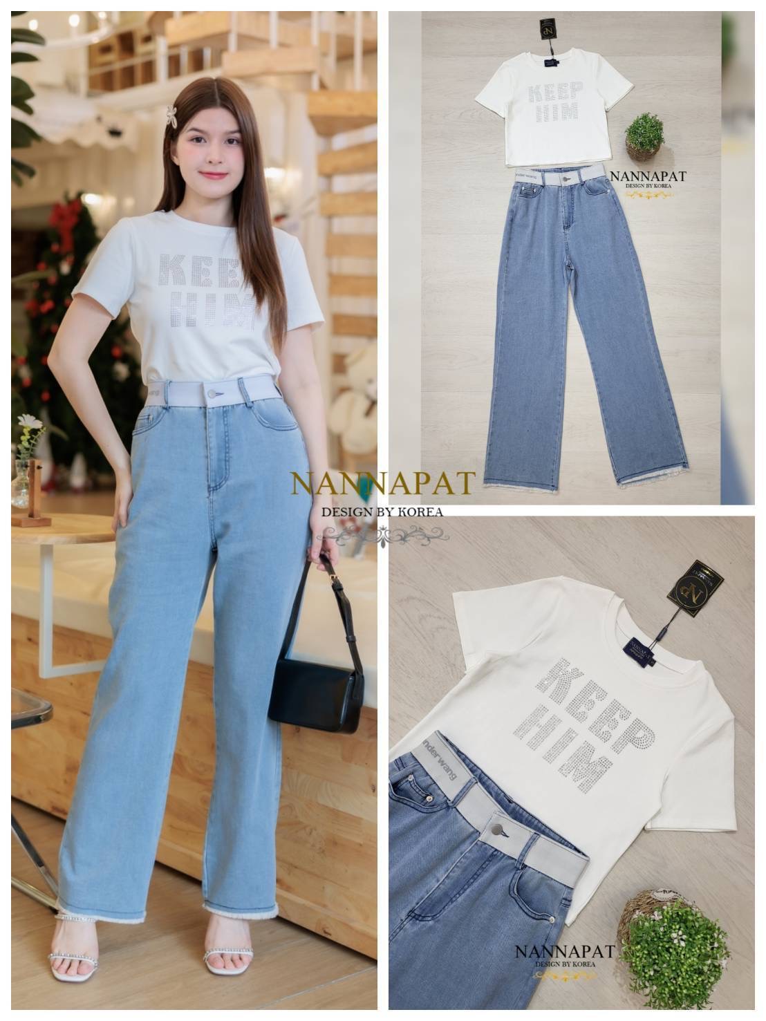 เซ็ทเสื้อ+กางเกง เสื้อผ้ายืด หนานุ่มเด้งเลยนะคะ ติดเพชรเป็นตัวอักษรน่ารัก เก๋ๆ กางเกงก็ทรงสวย ผ้ายีนส์นุ่ม ดีไซน์เก๋ น่ารัก ใส่สบายๆ สินค้าคุณภาพ (พร้อมส่ง)