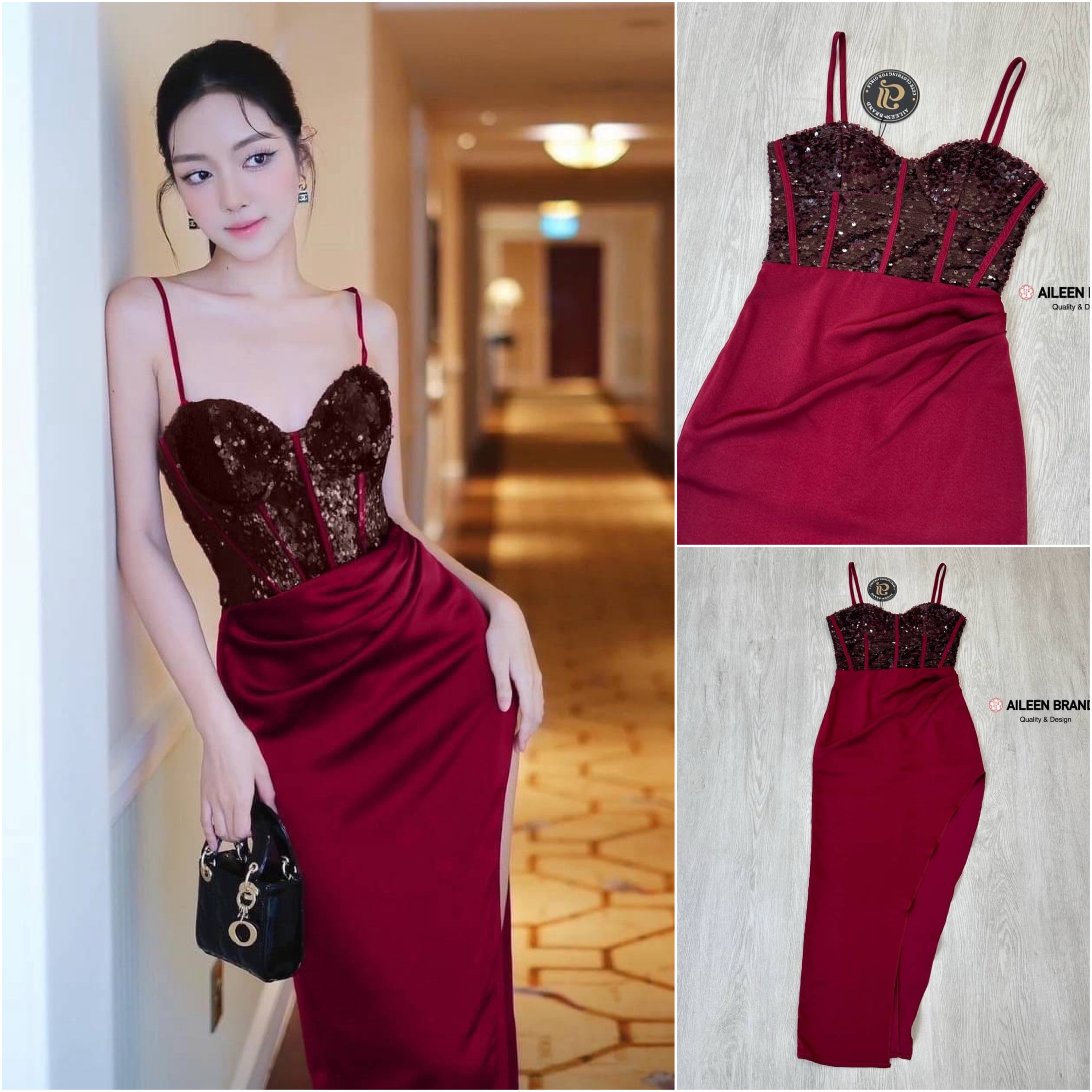 เดรสยาว ท่อนบนสายสปาเก็ตตี้ตีเกร็ดล๊อคทรงแบบคอร์เซ็ท ปักเลื่ิอมทั้งตัว ( เสริมฟองน้ำและซิปหลังซ่อนอย่างดี ) ช่วงกระโปรงแต่งด้วยผ้าสีพื้นจับจีบไขว้ด้านข้างยาวถึงข้อเท้าผ่าสูงปรี๊ดถึงช่วงต้นขา เนื้อผ้าดีมีซับในทั้งชุด ใส่สบาย : สินค้าคุณภาพ (พร้อมส่ง)