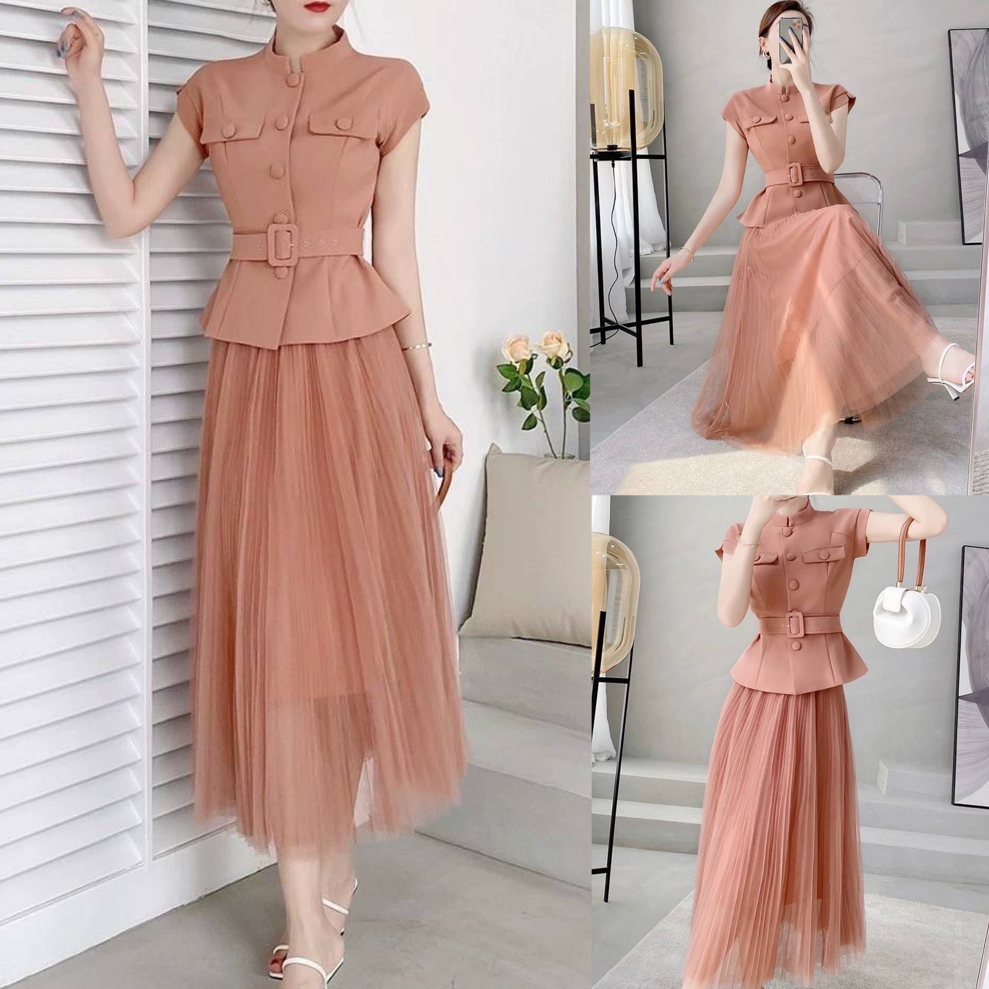 Set 2ชิ้น สีส้มอิฐเสื้อแขนล้ำคอจีน ทรงเข้ารูปสวยมีเข็มขัดผ้าให้ด้วย มาพร้อมกระโปรงผ้ามุ้งอัดพรีทพริ้วใส่สบาย งานซิปหลัง เย็บซับในอย่างดี สินค้าคุณภาพ (พร้อมส่ง)