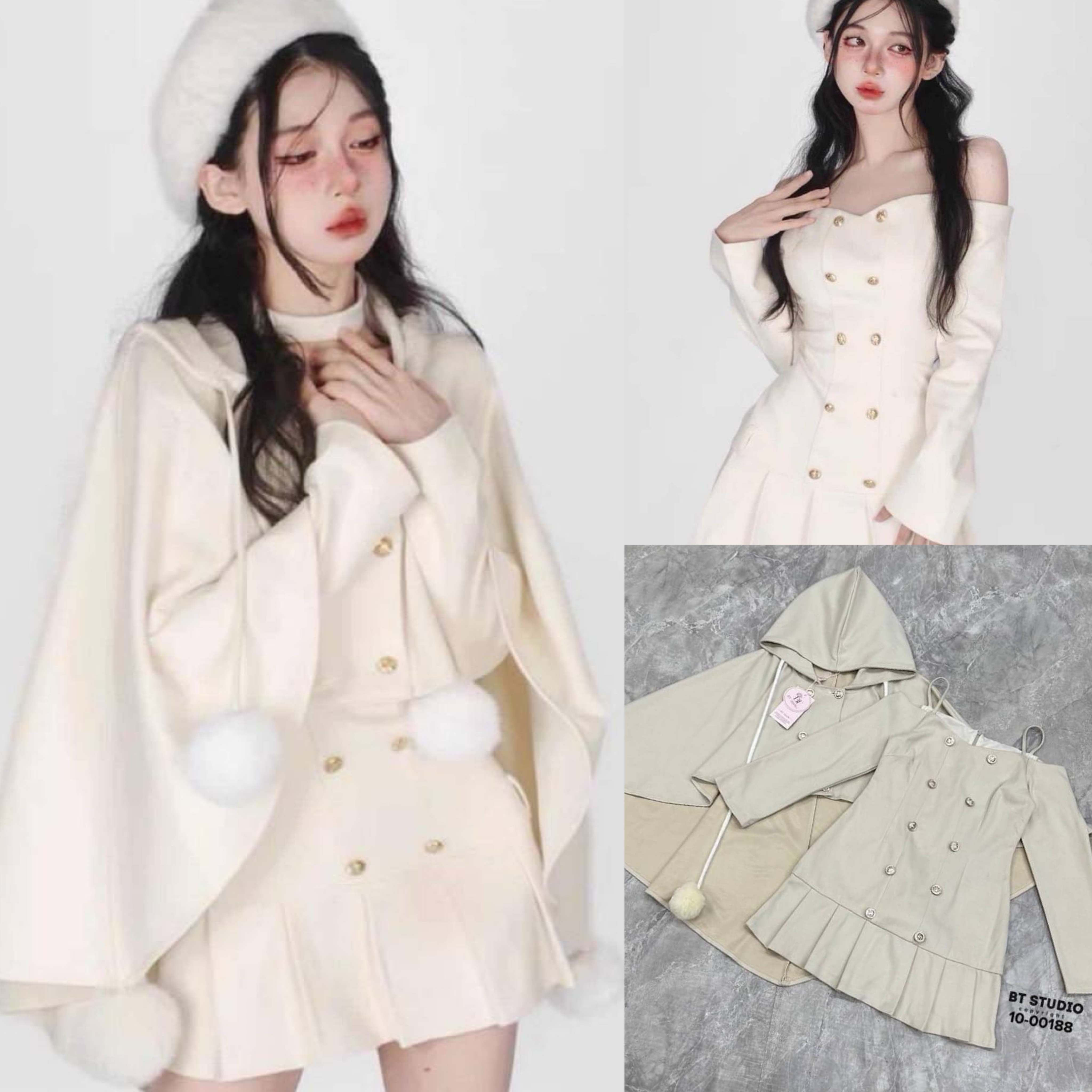 เซท 2 ชิ้น เสื้อคลุมแต่งฮูดกระดุมหน้า หน้าสั้นหลังยาว แมทซ์กับเดรสสายเดี่ยวปาดไหล่แต่งแขนยาว สินค้าคุณภาพ (พร้อมส่ง)