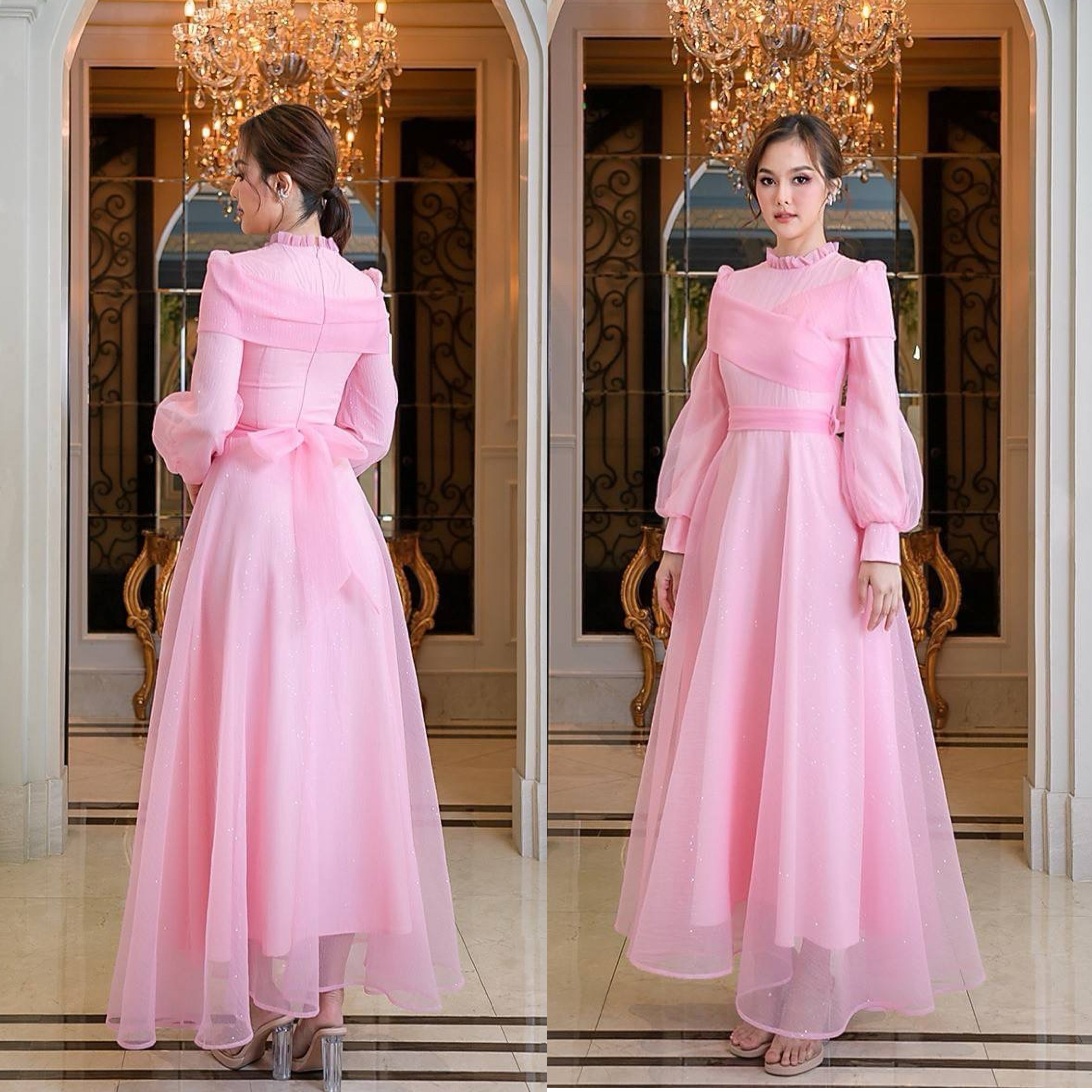 แม็กซี่เดรสเสื้อคอกลมแต่งระบาย ดีเทลเสื้อป้าย โอบไหล่ แขนยาวปลายแขนพอง กระโปรงบาน ทรงวงกลม ทำจากผ้าออแกนดีซีทรูเคลือบกาก เพชรเพิ่มความระยิบระยับ คัตติ้งประณีต มีซิป ซ่อนและซับในเต็มตัวค่ะ ใส่สบาย : สินค้าคุณภาพ (พร้อมส่ง)