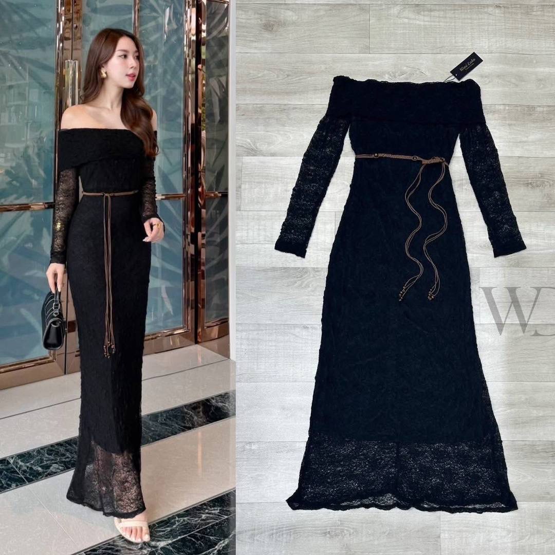 MaxiDress เดรสปาดไหล่ใช้ผ้าลูกไม้ที่มีความยืดยุ่น มีเชือกผูกเอวเข้าเซ็ท หน้าอกเสริมฟองน้ำได้ทรงมากค่ะ ผ้าดีมาก ทิ้งตัว ทรงสวยมากค่ะ เป๊ะและเข้ารูป ใส่สบาย : สินค้าคุณภาพ (พร้อมส่ง)