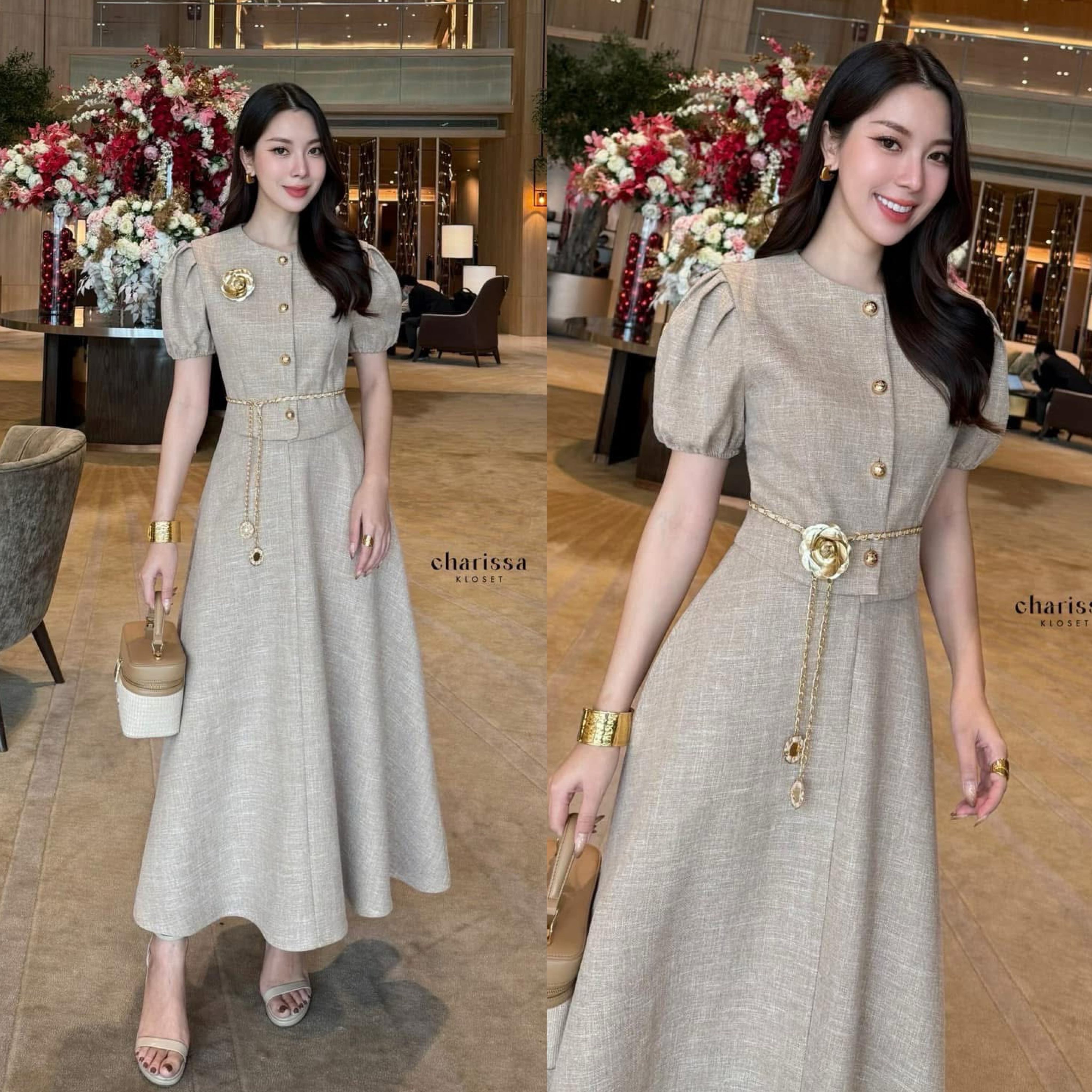 เซ็ทเสื้อแขนตุ้กตาน่ารักมาก แถมฟรีเข็มกลัดดอกไม้และเข็มขัดโซ่ ใส่สบาย : สินค้าคุณภาพ (พร้อมส่ง)