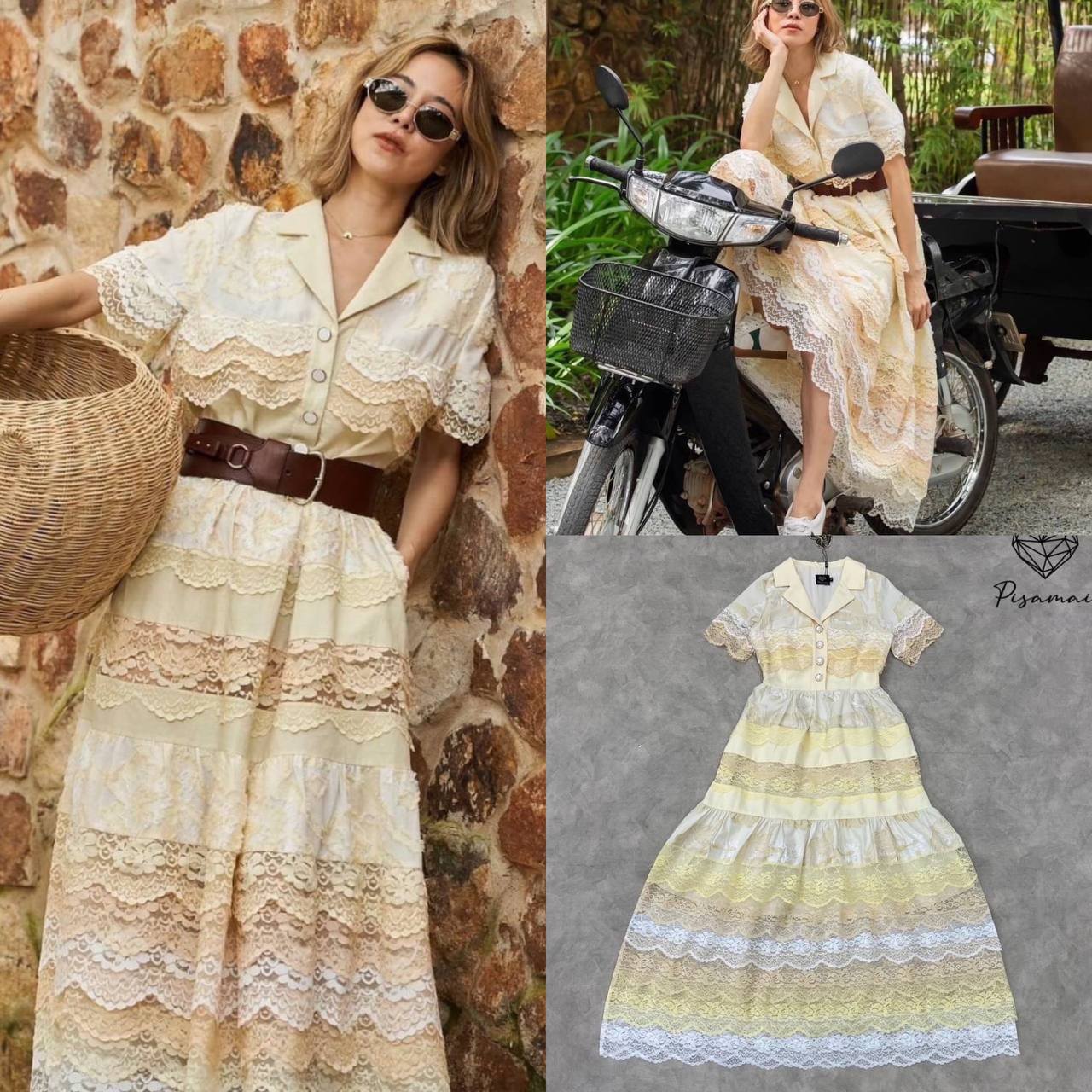 เดรสลูกไม้ฉลุสีครีมตัวยาวทรงหางปลากระโปรงบาน สินค้าคุณภาพ (พร้อมส่ง)