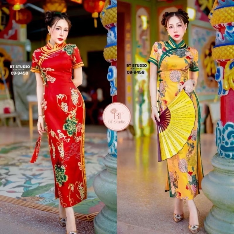 เดรสกี่เพ้าคอจีนแต่งกระดุมและกุ้นแทบจีน ตัดลายผ้าลายดอกไม้ งานสวย หรู ดูแพง คัตติ๊งสวยมาก ๆ ค่ะ ใส่สบาย : สินค้าคุณภาพ (พร้อมส่ง)