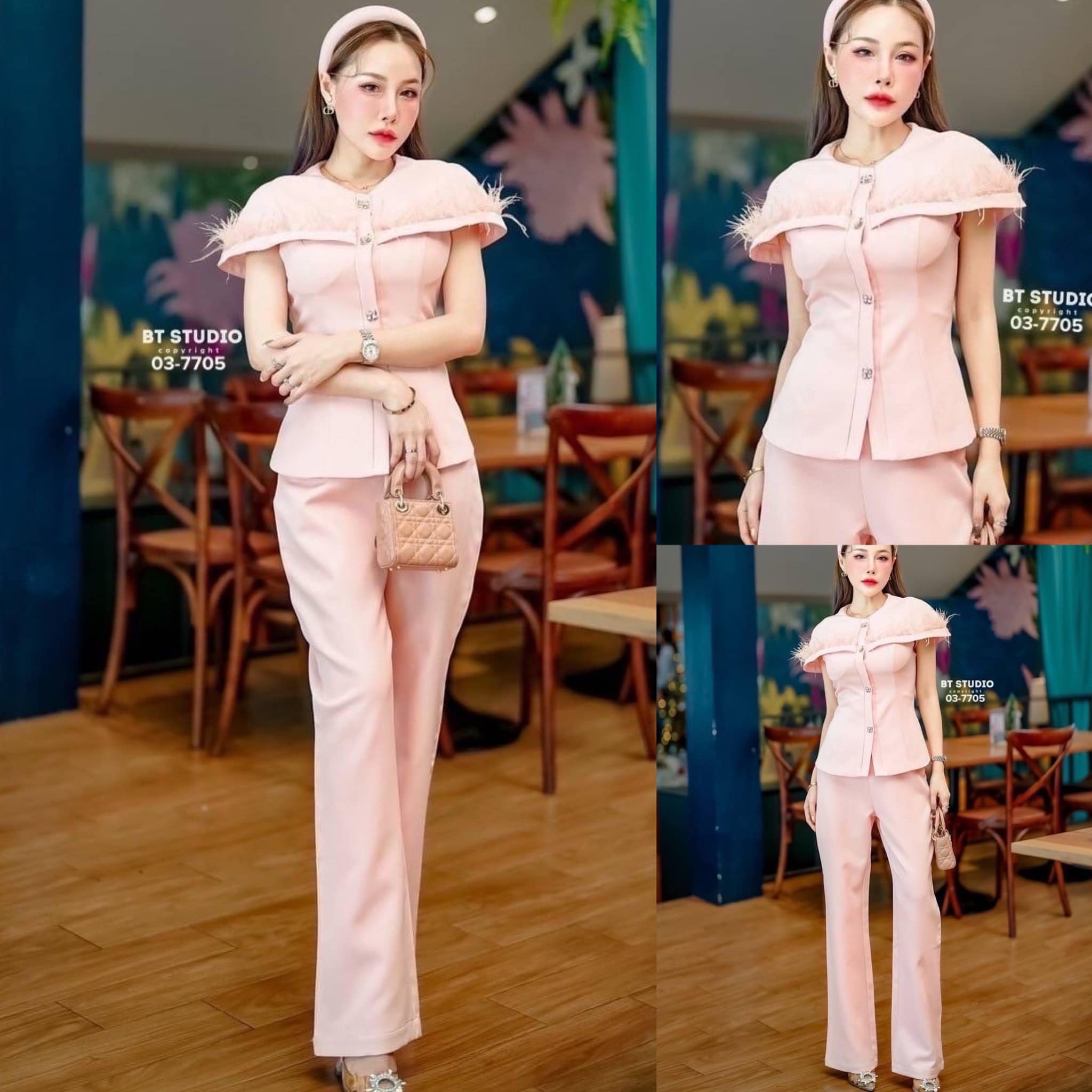 เซท 2 ชิ้น เสื้อแขนสั้นดีไซส์แต่ง เหมือนคลุมแขน ช่วงบนอกแต่งขนนก กระดุมหน้า แมทซ์กับกางเกงขา ยาวเอวสูง ใส่สบาย สินค้าคุณภาพ (พร้อมส่ง)