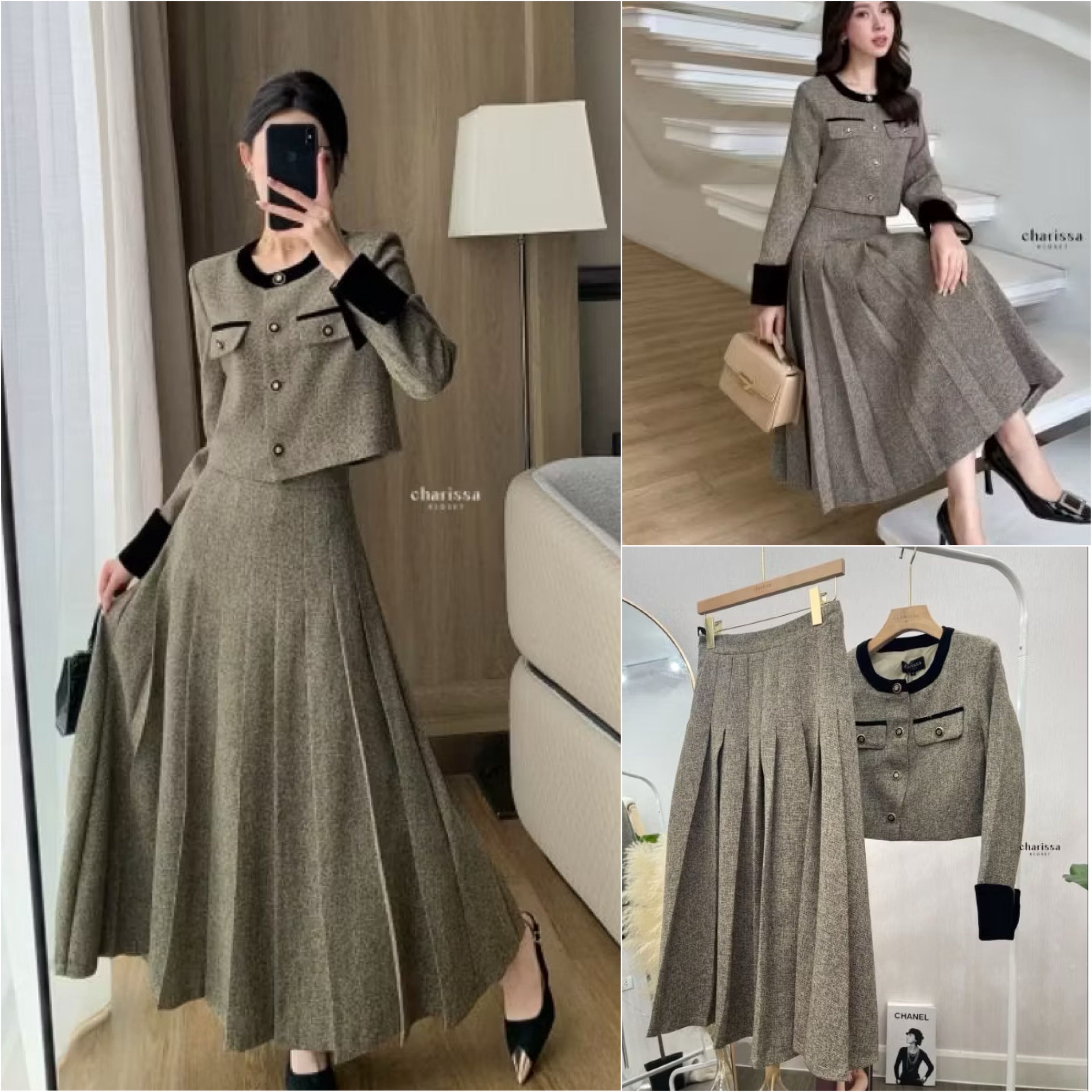 เซ็ทผ้าพรีเมี่ยมหรูมากก เป็นอีกรุ่นที่แนะนำ เสื้อกับกระโปรงเราใช้ผ้าเดียวกันทั้งชุด เนื้อผ้ามีน้ำหนัก ทิ้งตัวดี ยับยาก เสื้อกระดุมจริง กระโปรงซิปเอวสูงไม่สม้อค มีซับในอย่างดี ใส่สบาย : สินค้าคุณภาพ (พร้อมส่ง)