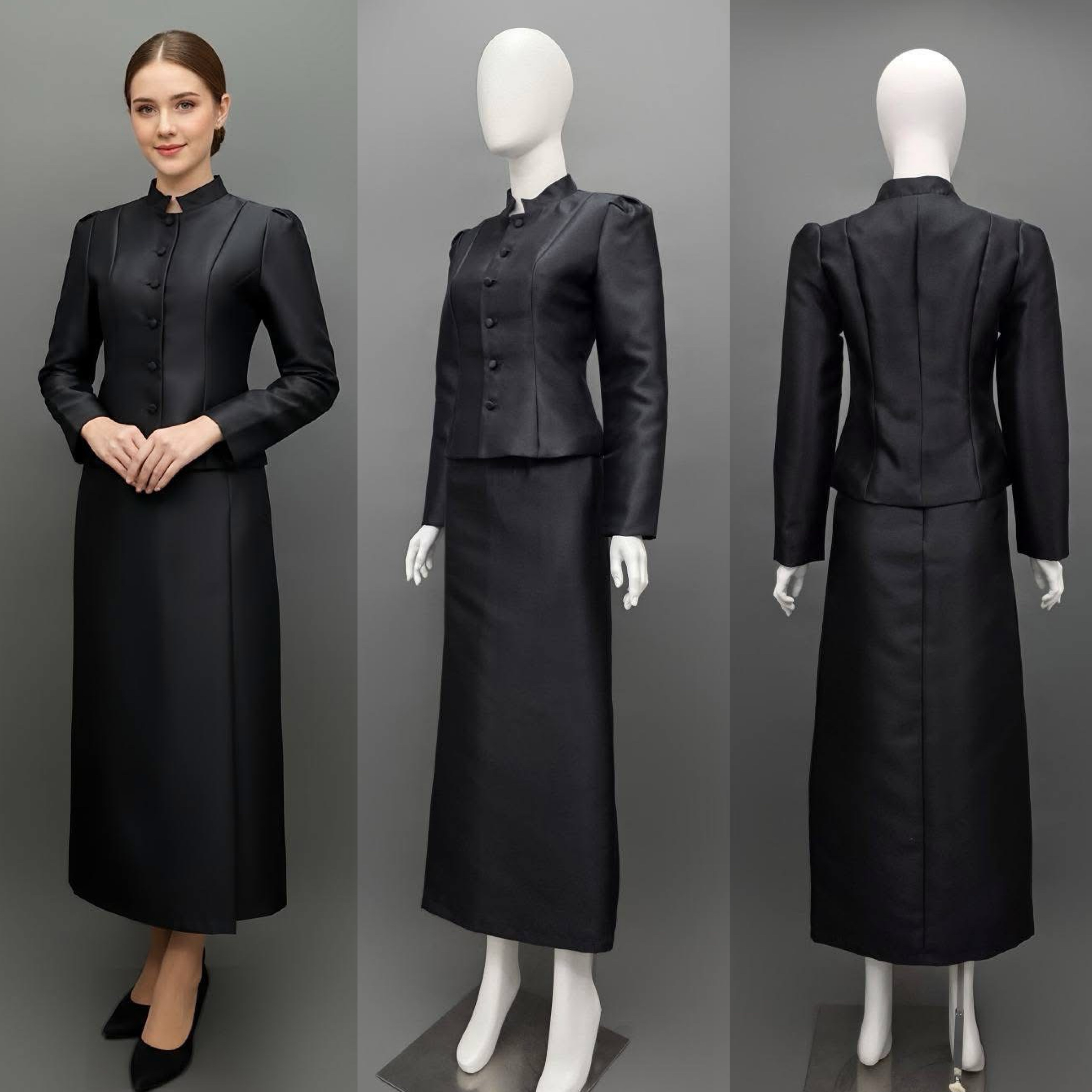 เซ็ทเสื้อเข้ารูปผ่าหน้าแขนยาวทรงกระบอก จับคู่กระโปรงป้ายยาวทรงสอบ ใส่สบาย : สินค้าคุณภาพ (พร้อมส่ง)