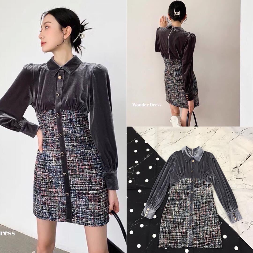 เดรสผ้าทวีตทอสลับสีช่วงกระโปรง แบบสวยเรียบหรู สินค้าคุณภาพ (พร้อมส่ง)