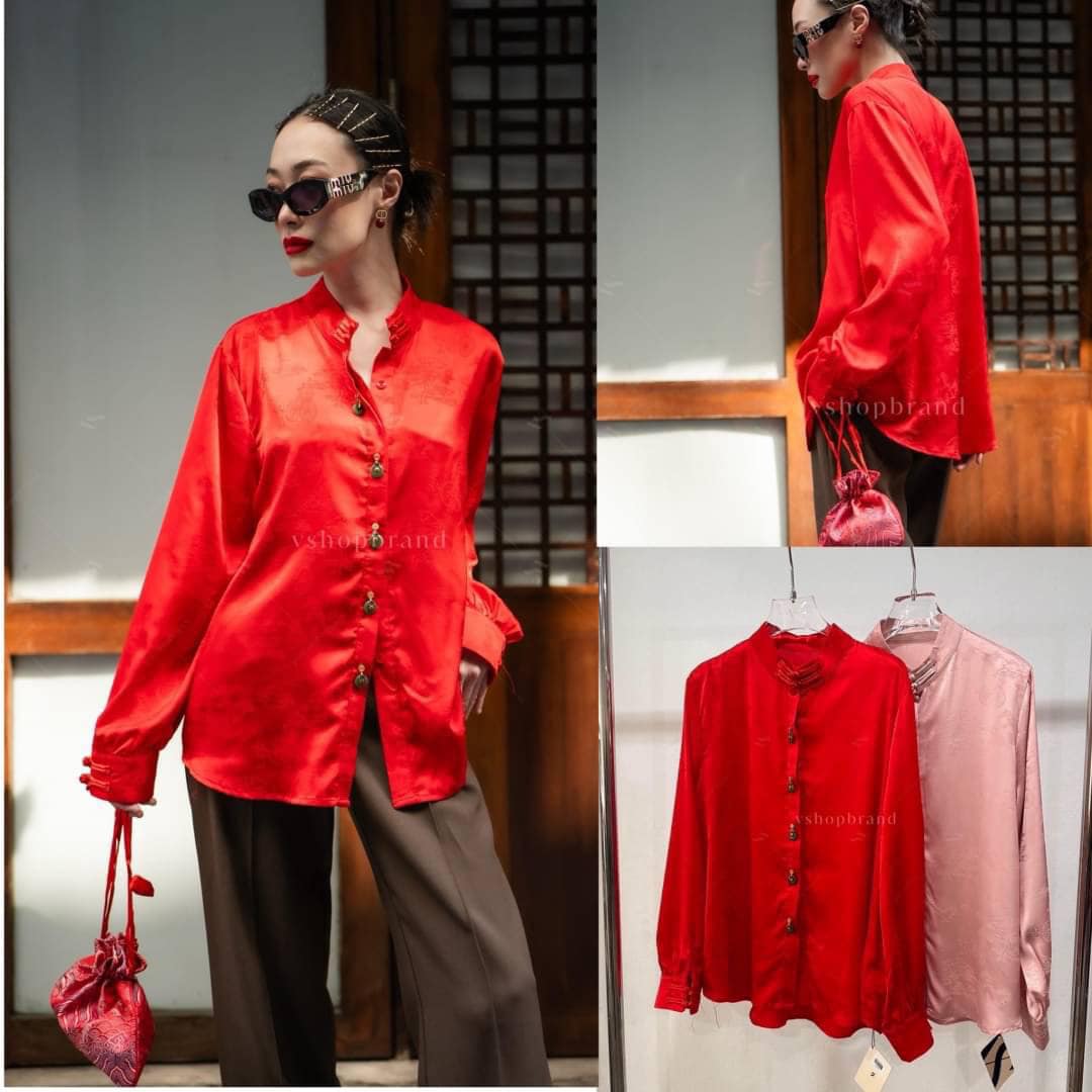 เชิ้ตกี่เพ้าพิมพ์ลาย กระดุมหยก ทรงสวย ใส่สบาย : สินค้าคุณภาพ (พร้อมส่ง)