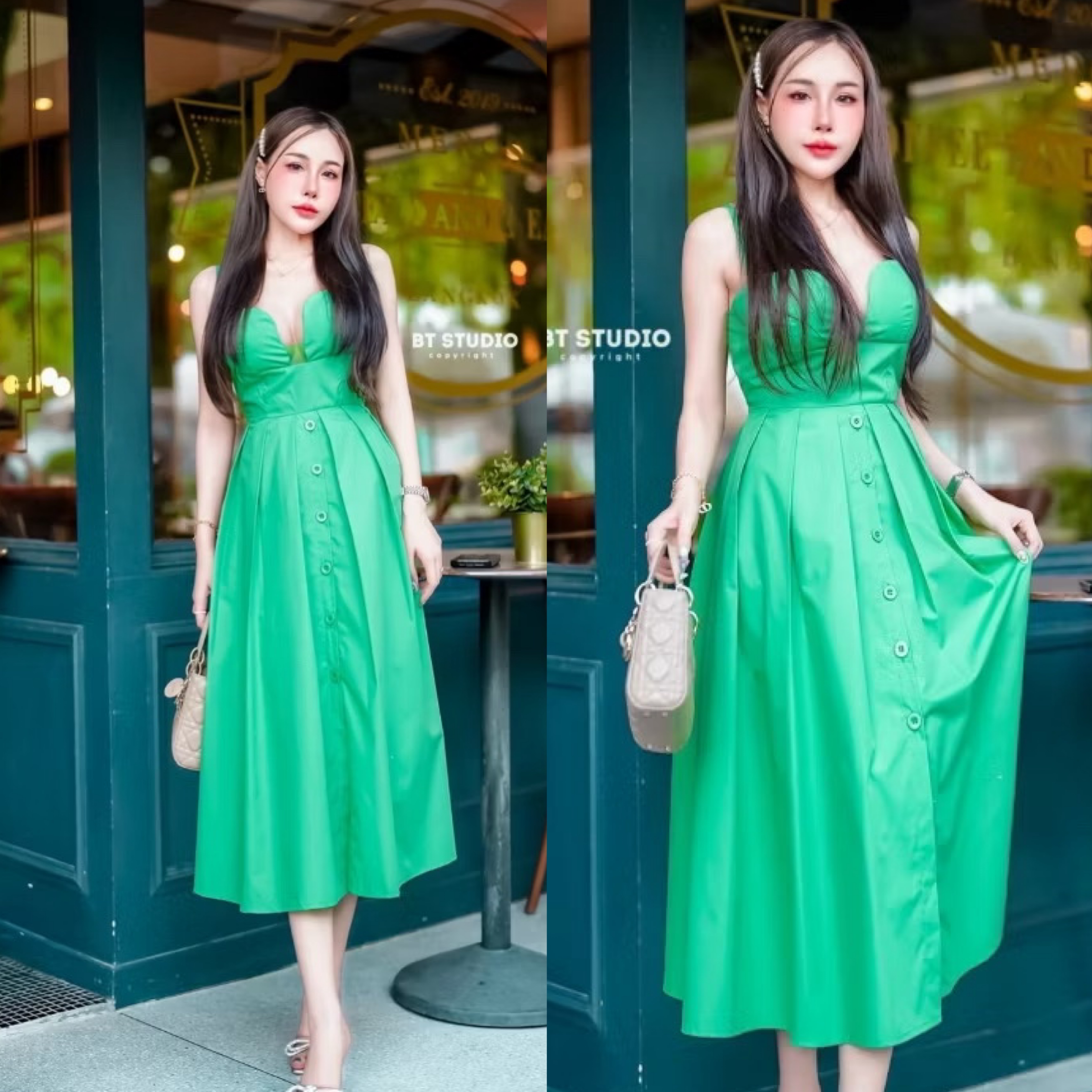 เดรสสายเดี่ยวคลุมเข่า ดีเทลแต่งกลางอกห่างเล็กน้อยไม่มีซีทรูช่วงอกเสริมฟองน้ำ อกเอวเข้ารูปกระโปรงบานออกแต่งจับจีบ ใส่สบาย : สินค้าคุณภาพ (พร้อมส่ง)