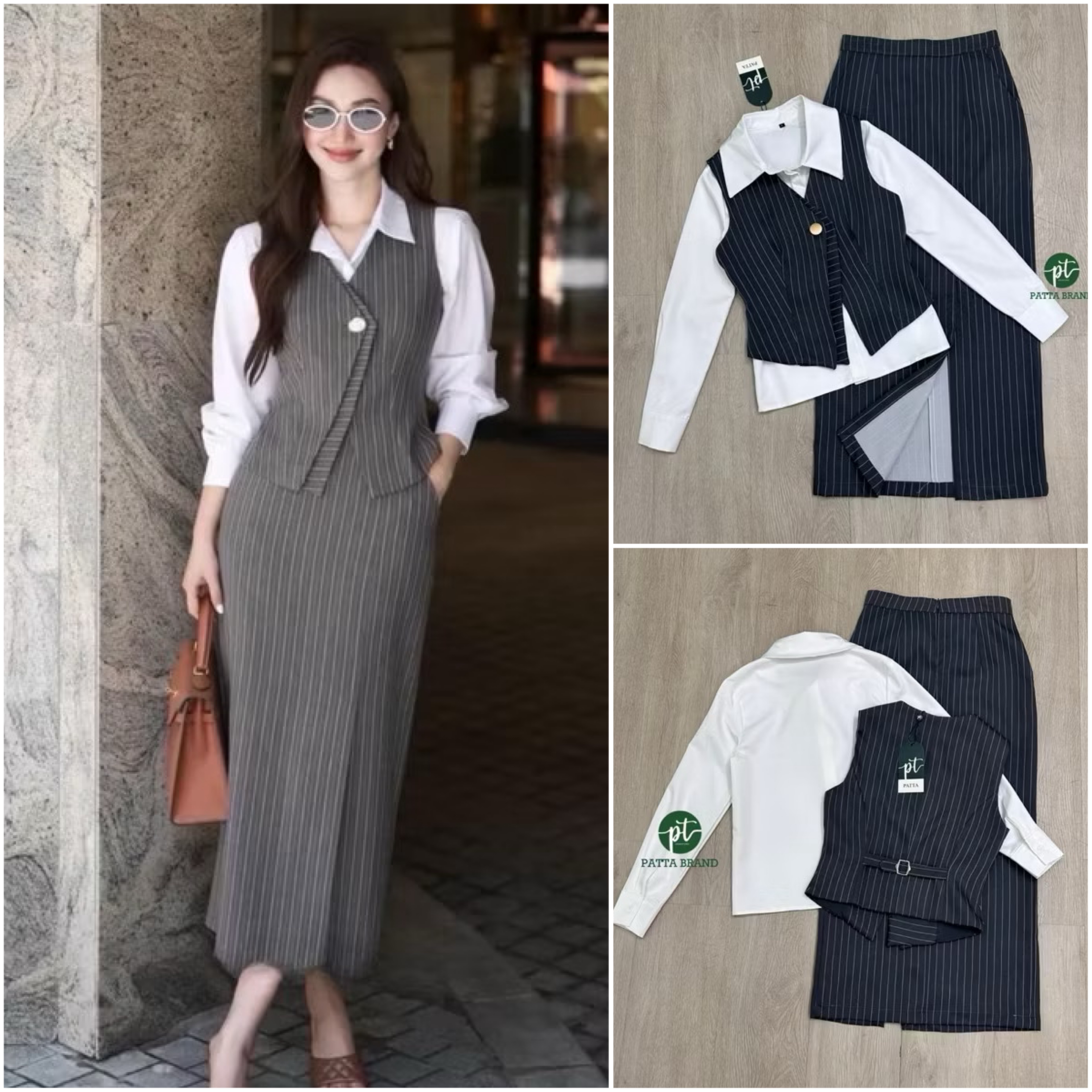 Set 3ชิ้ เสื้อกั๊กคอวีแขนกุดดีไซน์เฉียงเย็บ2ชั้นแต่งกระดุมหน้าใช้งานได้จริง ด้านหลังแต่งเข็มขัดปรับเข้ารูปให้ทรง มาคู่กับเสื้อเชิ้ตตัวในสีขาวมีกระดุมหน้า ดีไซน์เก๋ มาพร้อมกับกระโปรงยาวทรงตรงทรงสอบ ใส่สบาย : สินค้าคุณภาพ (พร้อมส่ง)