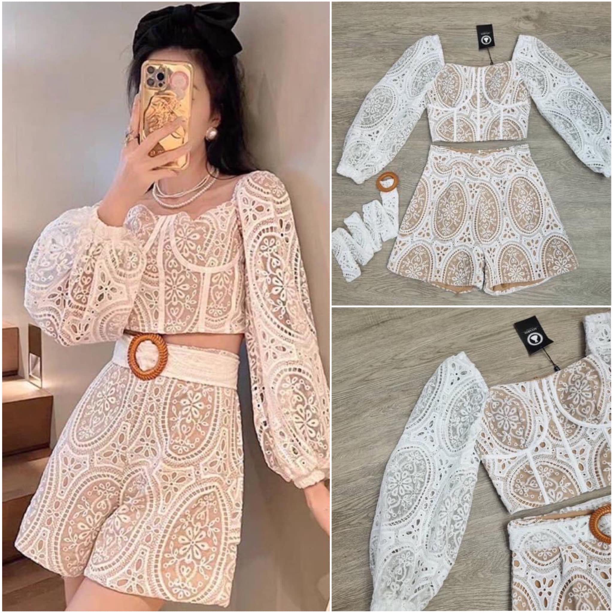 ชุด set3ชิ้น เสื้อ+กางเกง+เข็มขัด ลูกไม้ สินค้าคุณภาพ (พร้อมส่ง)