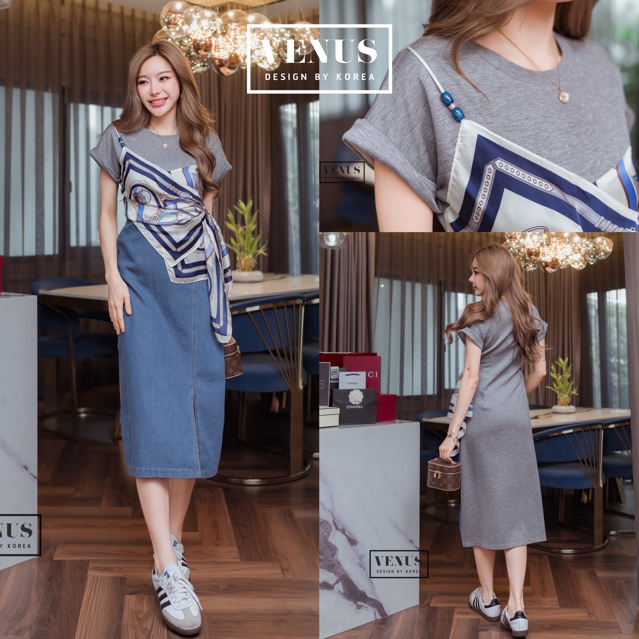 เดรสแต่งผ้ายีน ด้านหน้าแต่งผ้าซาตินเนื้อดี พิมพ์ลายกราฟฟิค ใส่สบาย : สินค้าคุณภาพ (พร้อมส่ง)