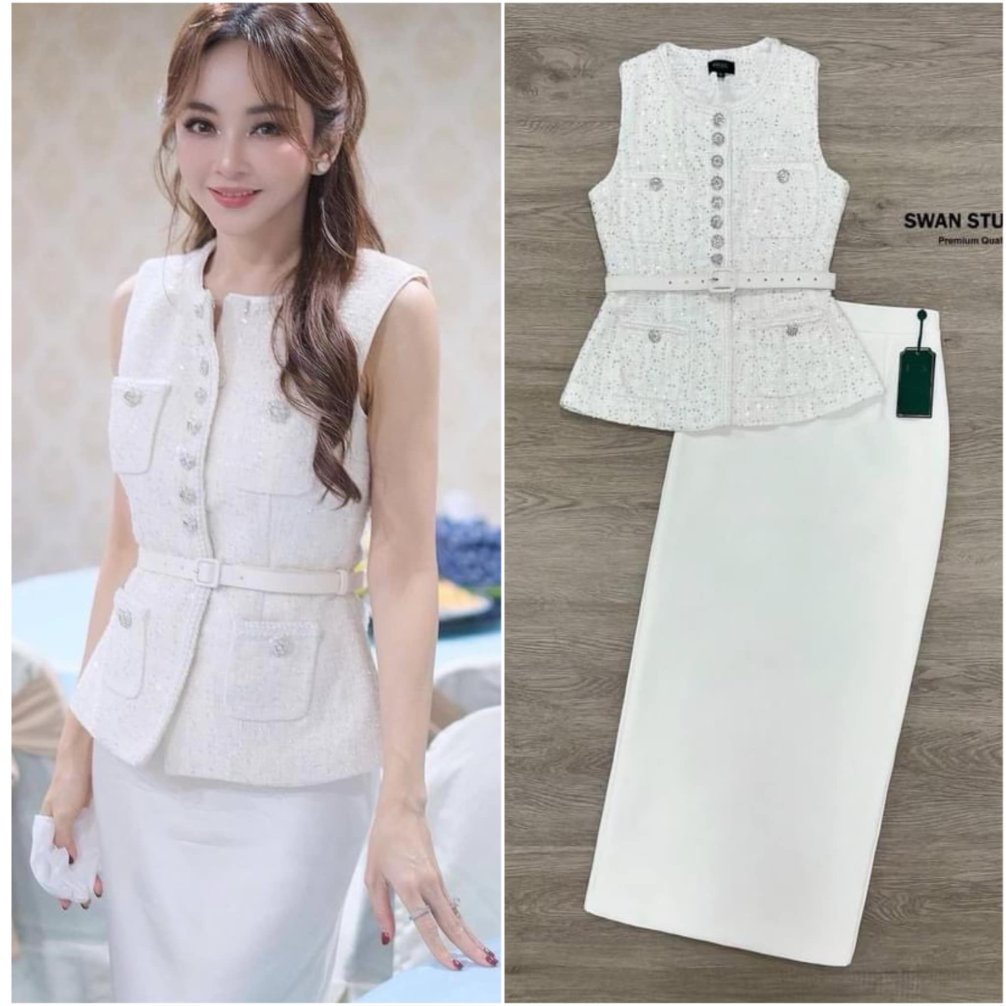 เซตเสื้อแขนกุดผ้าทวีตสีขาว แต่งกระดุม เพิ่มความหรู มีเข็มขัดให้ในตัว มากับกระโปรงยาว สีขาว ใส่สบาย สินค้าคุณภาพ (พร้อมส่ง)