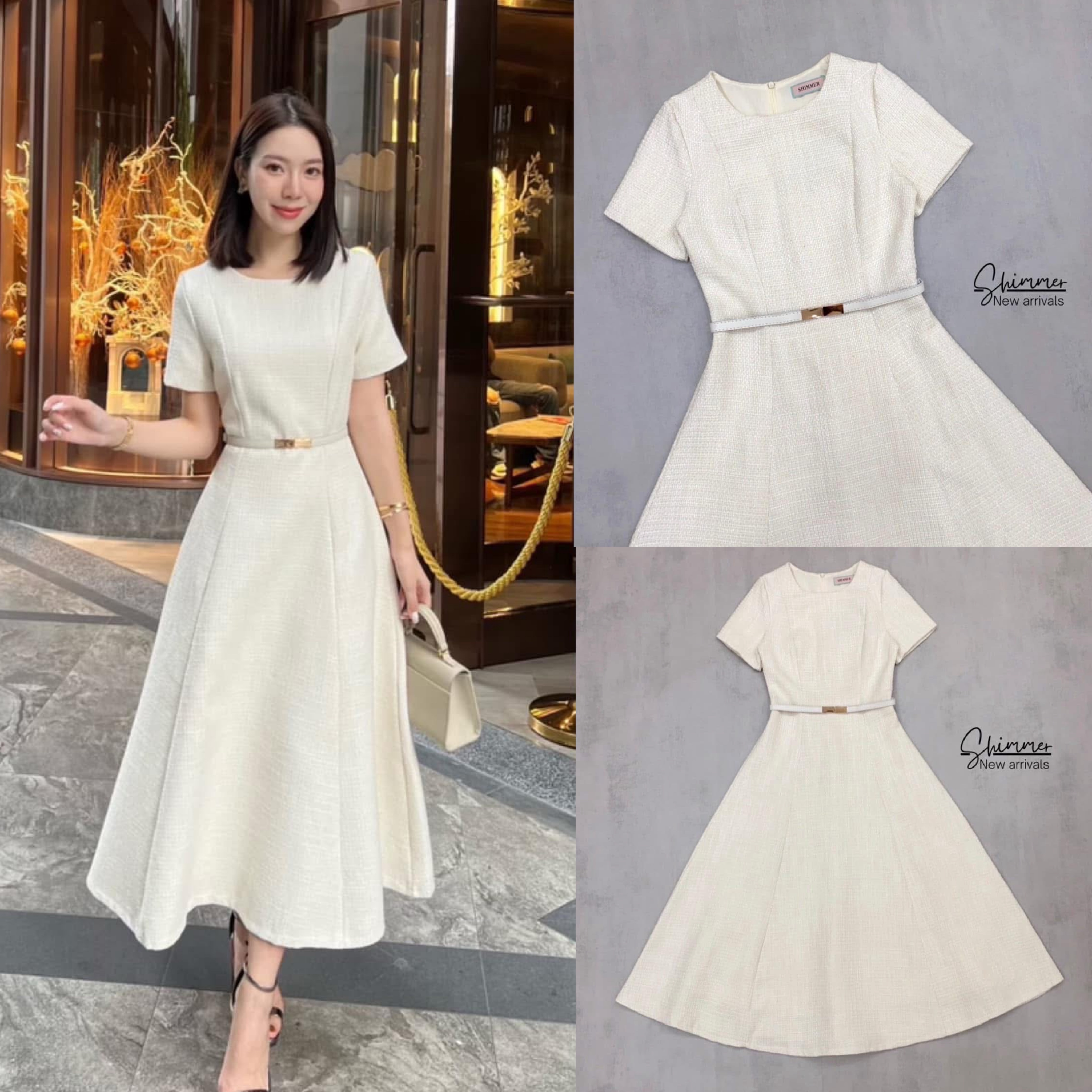 มิดิเดรสผ้าทวีดดีไซน์สุดคลาสสิค มาพร้อมเข็มขัดเข้าเซต ใส่สบาย : สินค้าคุณภาพ (พร้อมส่ง)