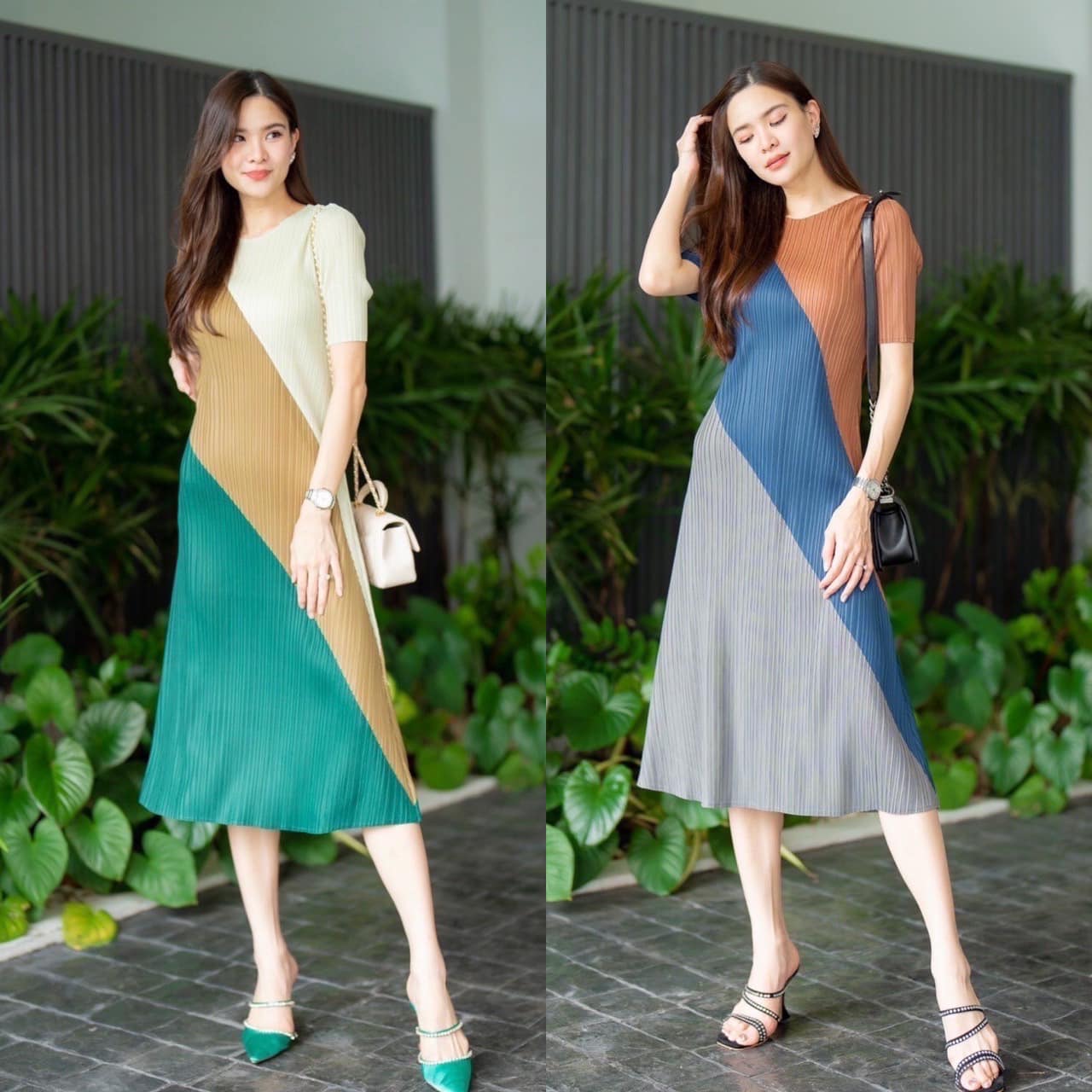 ชุดอัดพลีท 100% คอกลมแขนสั้น กระโปรงด้านหน้า ป้ายเฉลียงลง ตัดลายผ้าไล่เฉด 3 โทนสี😘 สวยแพง หรูหรา โดดเด่น👍🏻 สินค้าคุณภาพ (พร้อมส่ง)