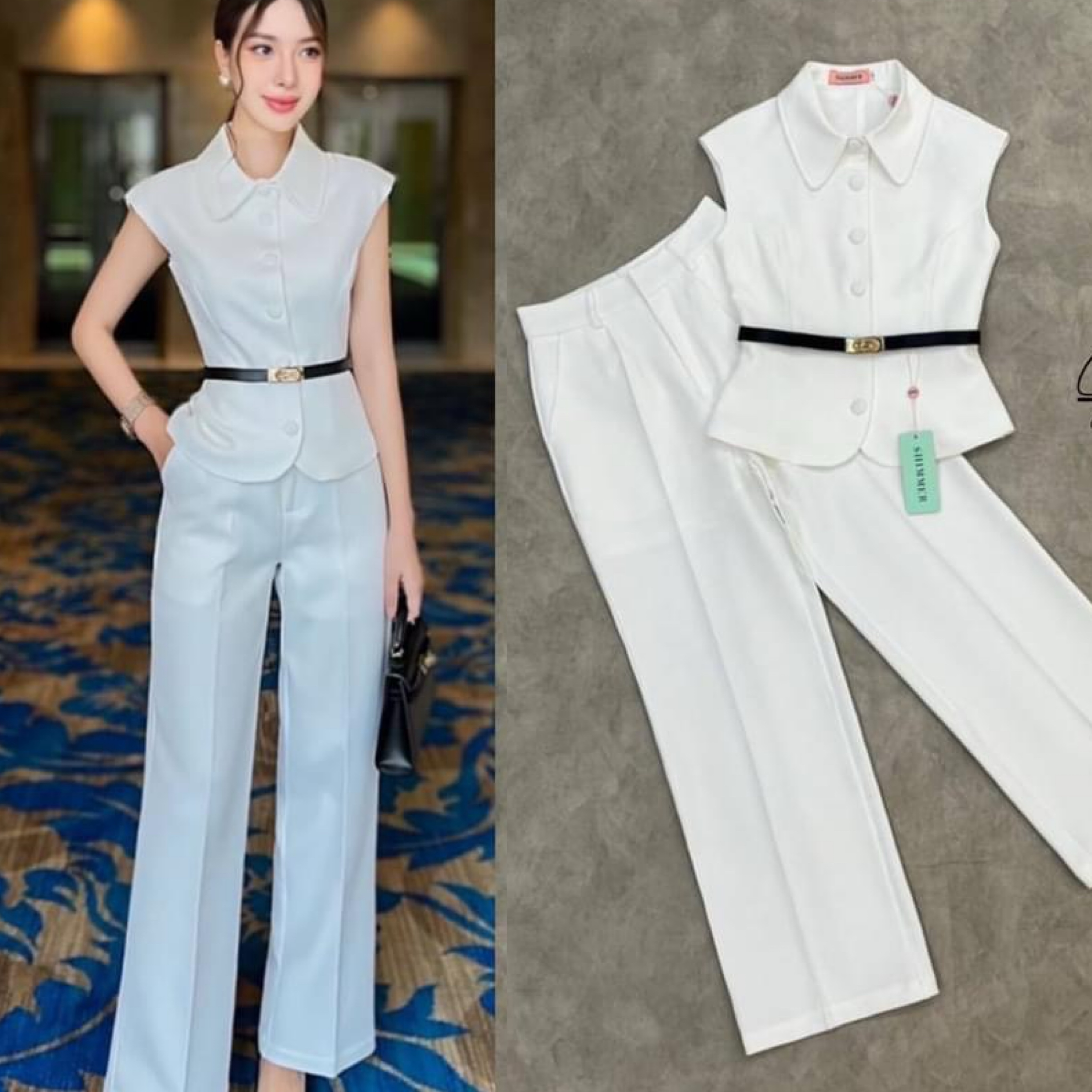 เซตเสื้อปกเชิ้ตงานเข้ารูปมีซับในทั้งตัว +กางเกงทรงกระบอกเล็กซิปหน้า+เข็มขัด ใส่สบาย สินค้าคุณภาพ (พร้อมส่ง)