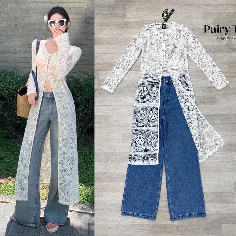 Set เสื้อตัวยาวกระดุมหน้า3จุด เนื้อผ้าลูกไม้โปร่งแขนยาว ผ่าหน้า เซ็กซี่เบาๆ แมตกางเกงยีนขายาวทรงกระบอก ใส่สบาย : สินค้าคุณภาพ (พร้อมส่ง)