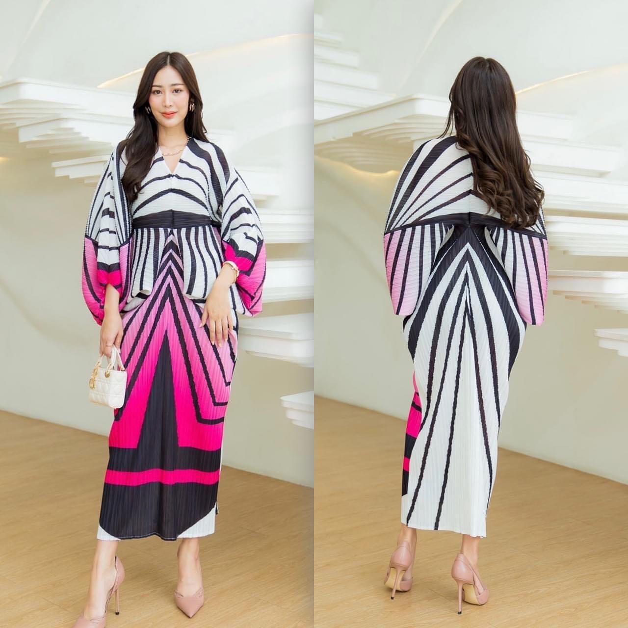 Dress อัดพลีท ดีไซด์ตัวยาว แขนผีเสื้อ 🦋 อัดพลีทแน่นๆ เพิ่มความหรู สินค้าคุณภาพ (พร้อมส่ง)