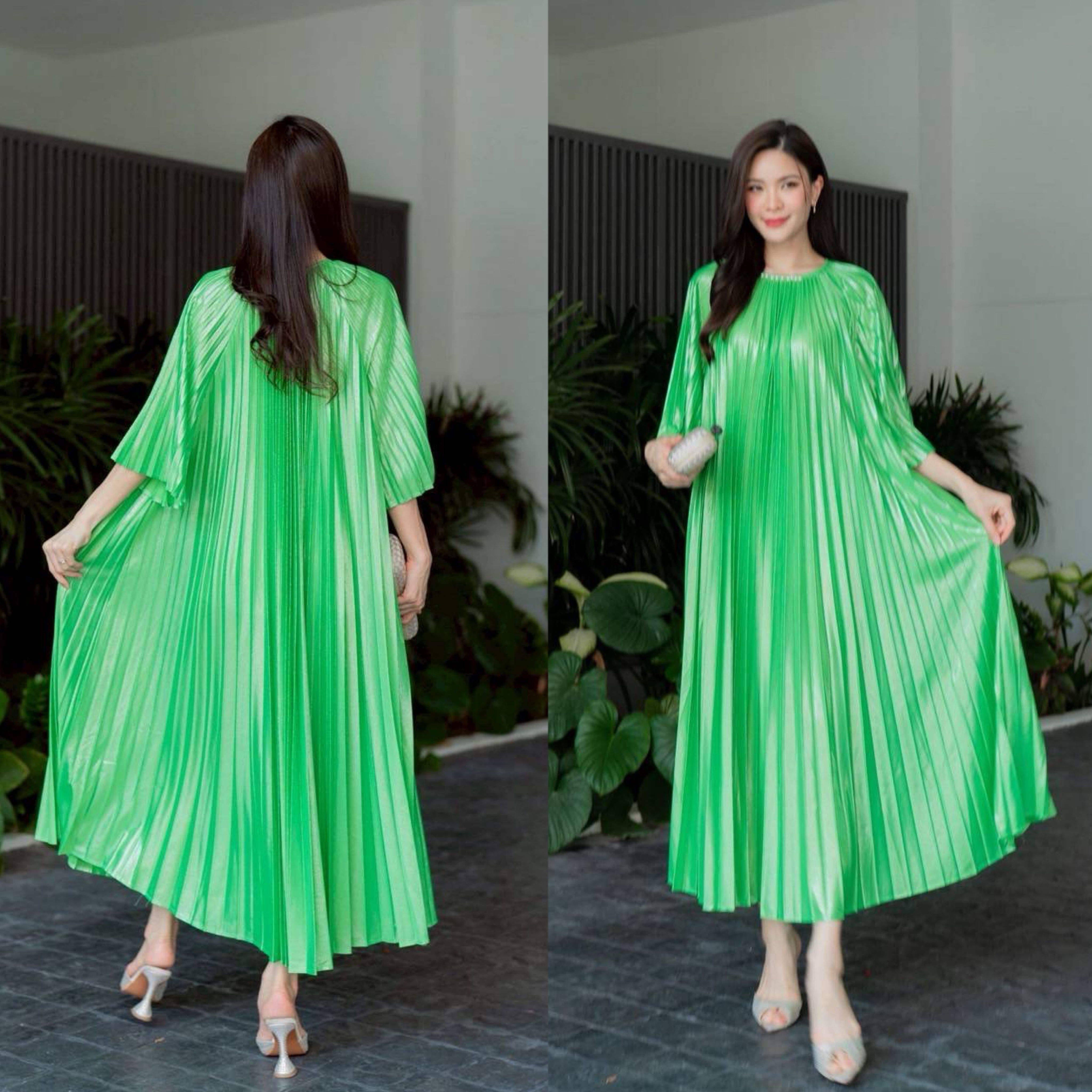 ชุดเดรสตัวยาว ทรงคอกลม แขน 4 ส่วน ใส่หลวมๆ สบายๆ แบบพริ้วๆ ความยาว 💘 กำลังดีงาม อัดพลีทเนื้อแน่น AA Premium ผ้าเมทาลิคเนื้อดี สีเหลือบทอง วิบวับ ใส่สบาย : สินค้าคุณภาพ (พร้อมส่ง)