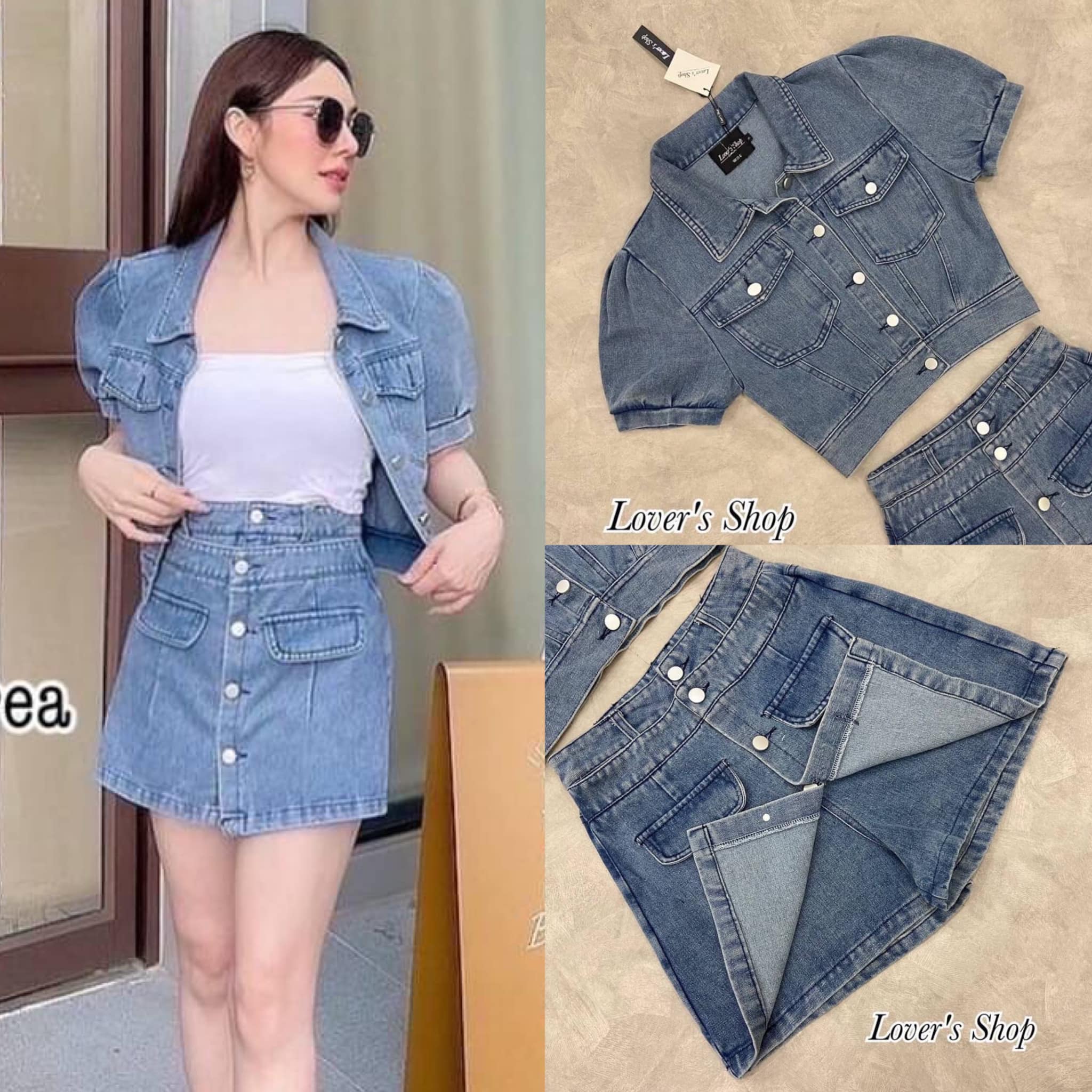 SET.ยีนส์ ได้ทั้ง2ชิ้นนะคะ เสื้อยีนส์ แขนสั้นทรงน่ารัก แม็ทกับกางเกงกระโปรง ทรงกระดุมหน้า สินค้าคุณภาพ (พร้อมส่ง).