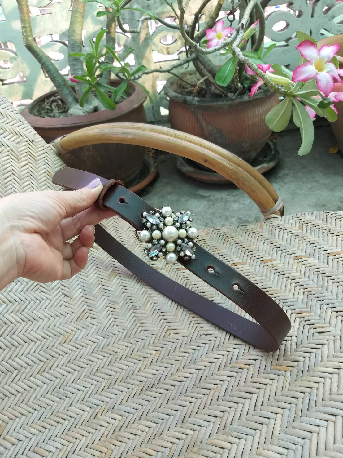 เข็มขัดหนังแท้ shuca global work หัวโลหะแต่งมุก สุดเกร๋